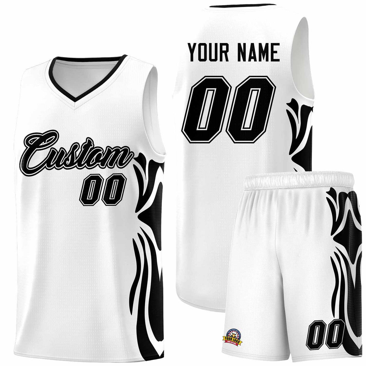 Custom White Black-Black Graffiti Pattern Side Curve Pattern Sports Uniform Basketball Jersey Sets