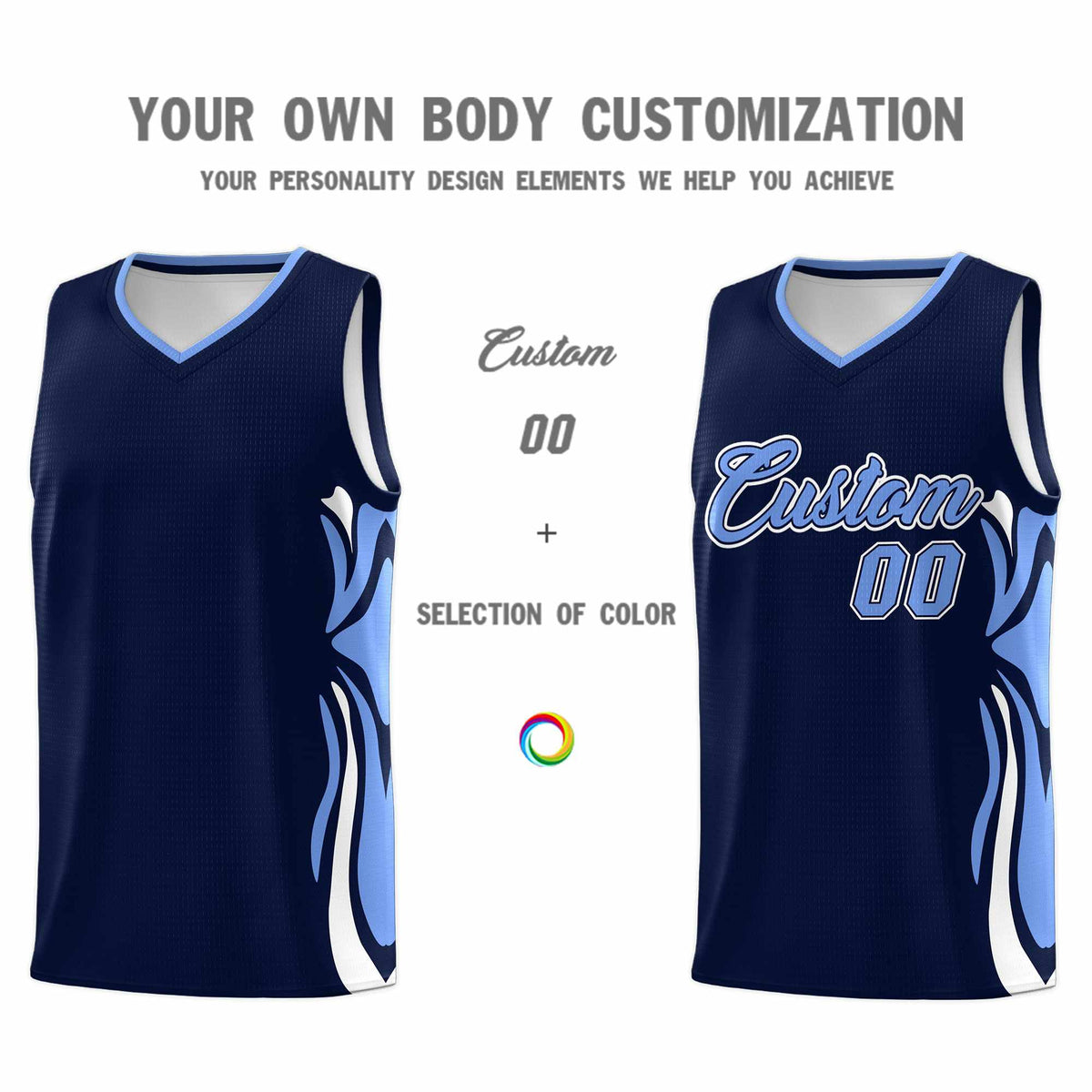 Custom Navy Light Blue-White Graffiti Pattern Side Curve Pattern Sports Uniform Basketball Jersey Sets