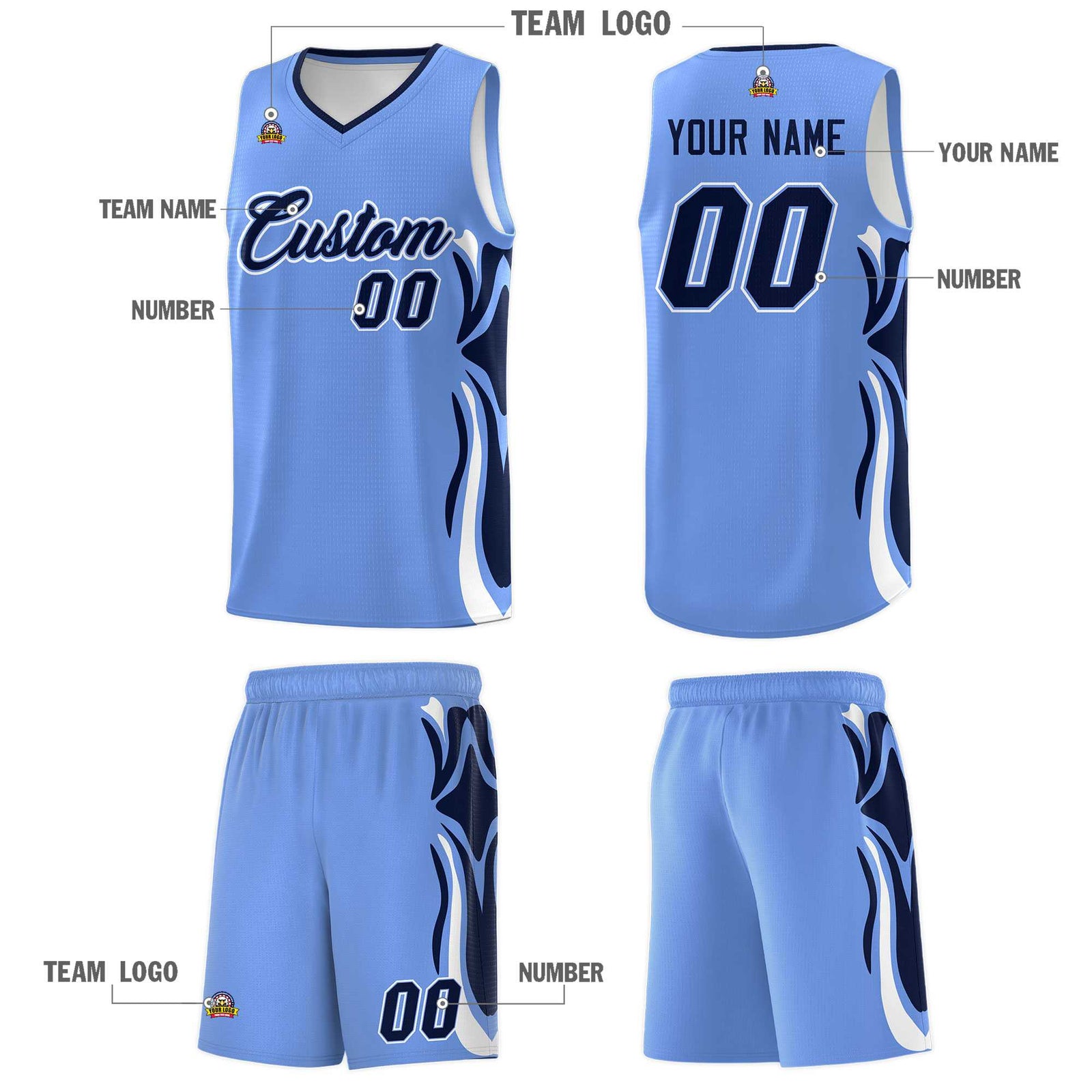 Custom Light Blue Navy-White Graffiti Pattern Side Curve Pattern Sports Uniform Basketball Jersey Sets