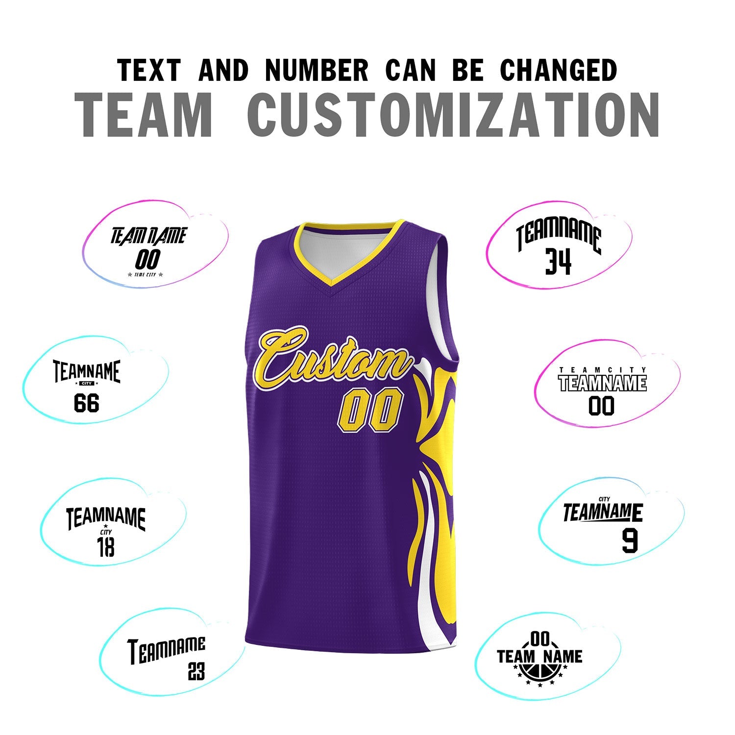 Custom Purple Gold-White Graffiti Pattern Side Curve Pattern Sports Uniform Basketball Jersey Sets