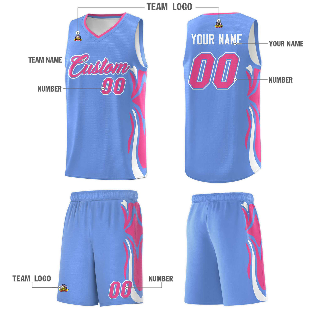 Custom Light Blue Pink-White Graffiti Pattern Side Curve Pattern Sports Uniform Basketball Jersey Sets