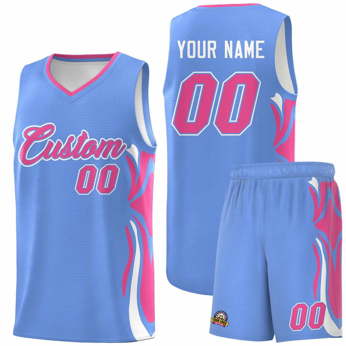 Custom Light Blue Pink-White Graffiti Pattern Side Curve Pattern Sports Uniform Basketball Jersey Sets