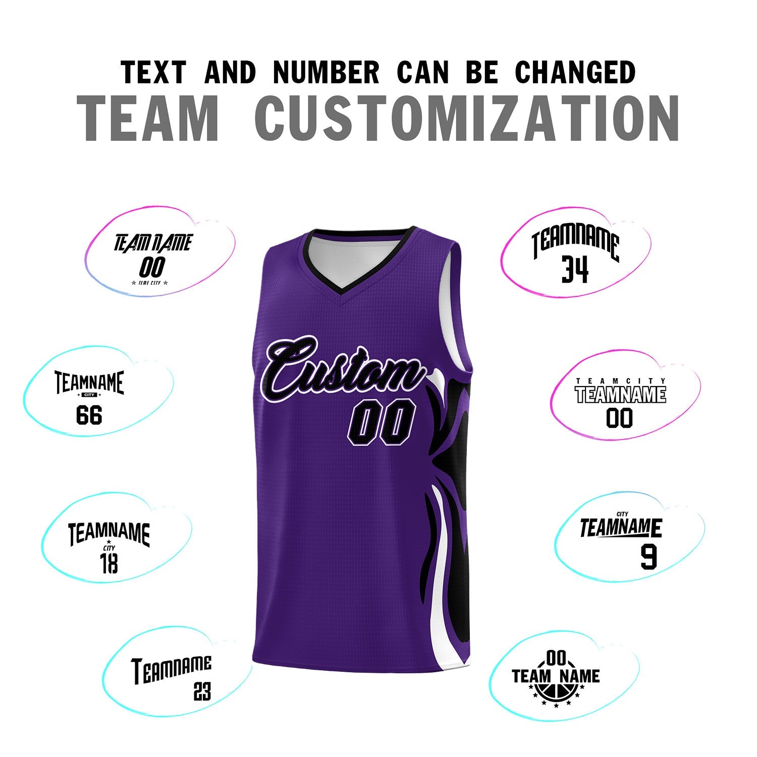 Custom Purple Black-White Graffiti Pattern Side Curve Pattern Sports Uniform Basketball Jersey Sets