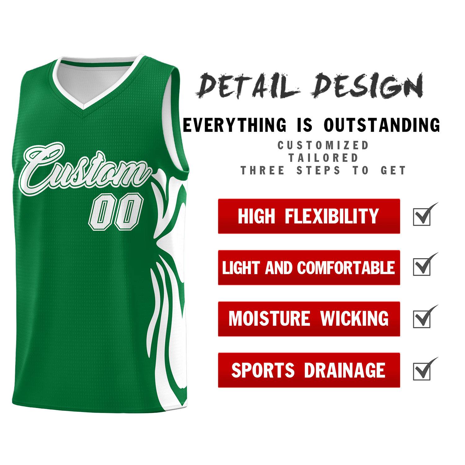 Custom Kelly Green White-White Graffiti Pattern Side Curve Pattern Sports Uniform Basketball Jersey Sets
