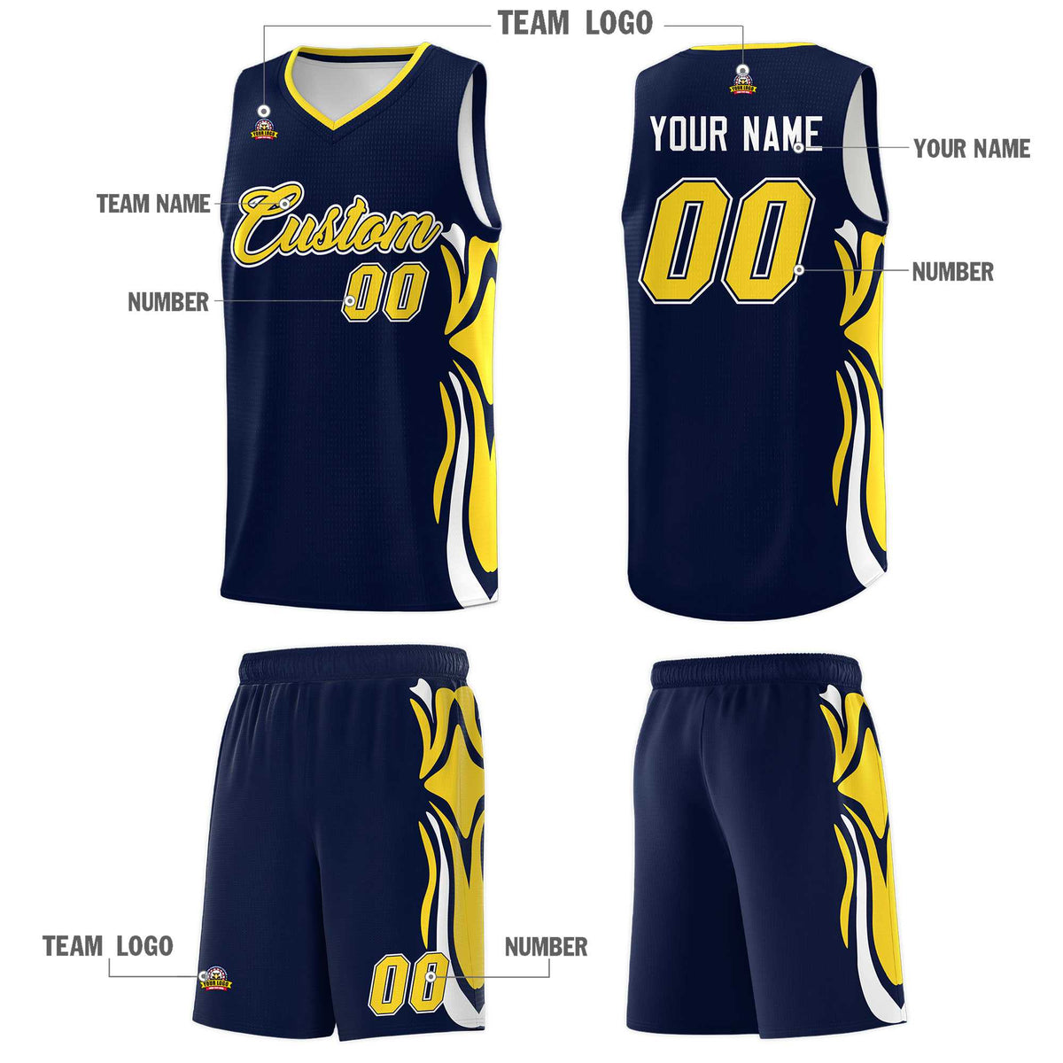 Custom Navy Gold-White Graffiti Pattern Side Curve Pattern Sports Uniform Basketball Jersey Sets