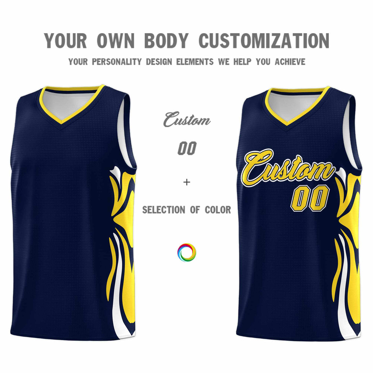 Custom Navy Gold-White Graffiti Pattern Side Curve Pattern Sports Uniform Basketball Jersey Sets