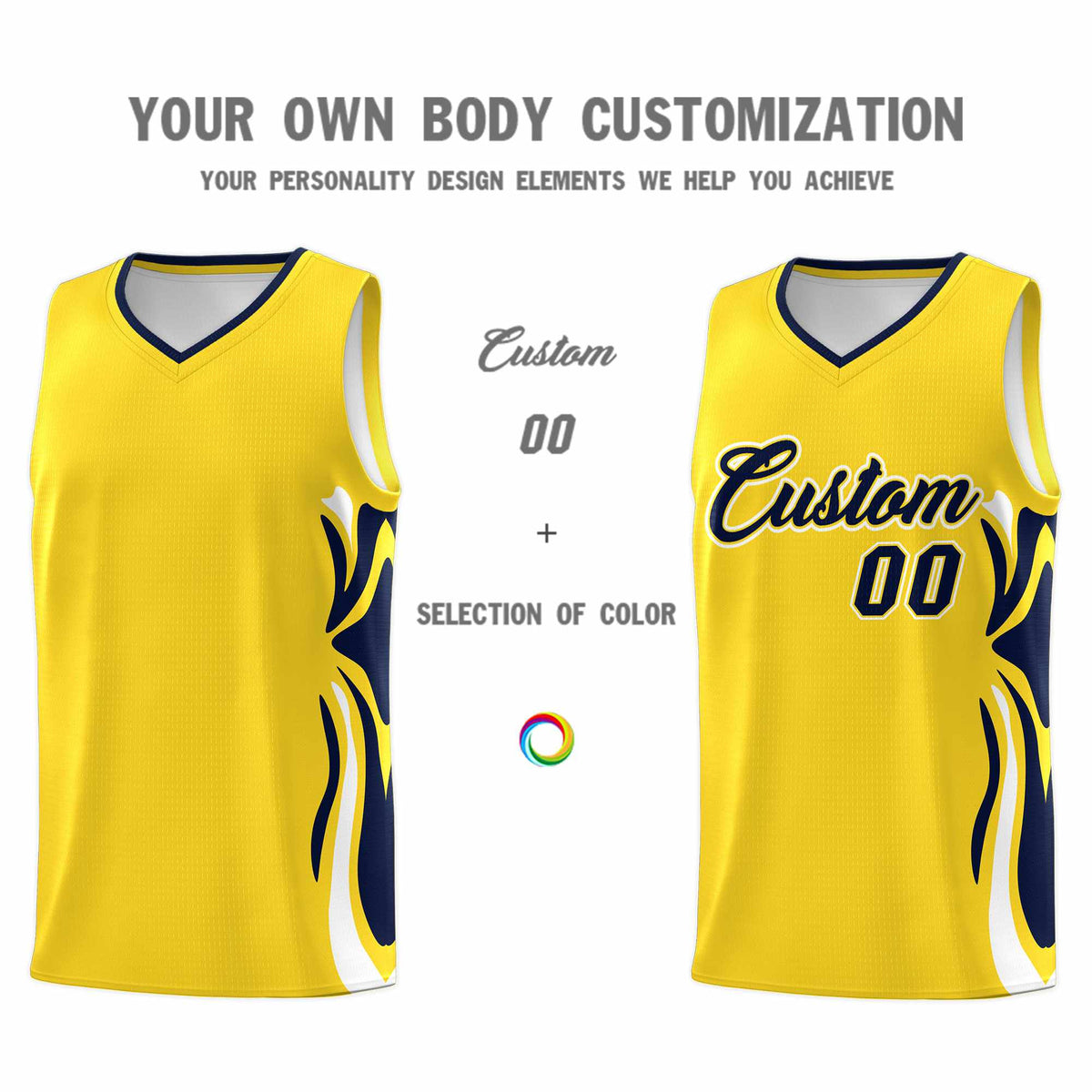 Custom Gold Navy-White Graffiti Pattern Side Curve Pattern Sports Uniform Basketball Jersey Sets