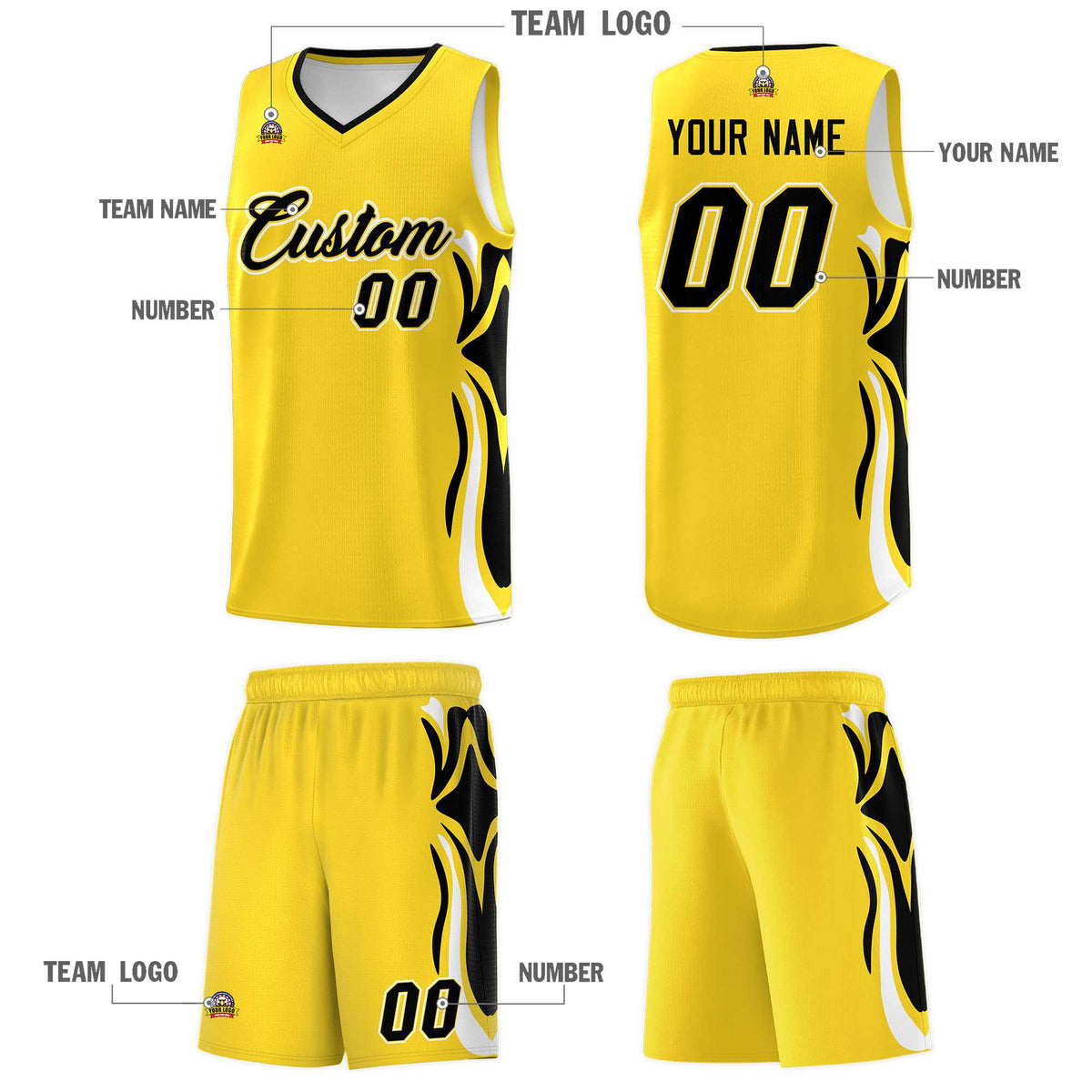 Custom Gold Black-White Graffiti Pattern Side Curve Pattern Sports Uniform Basketball Jersey Sets