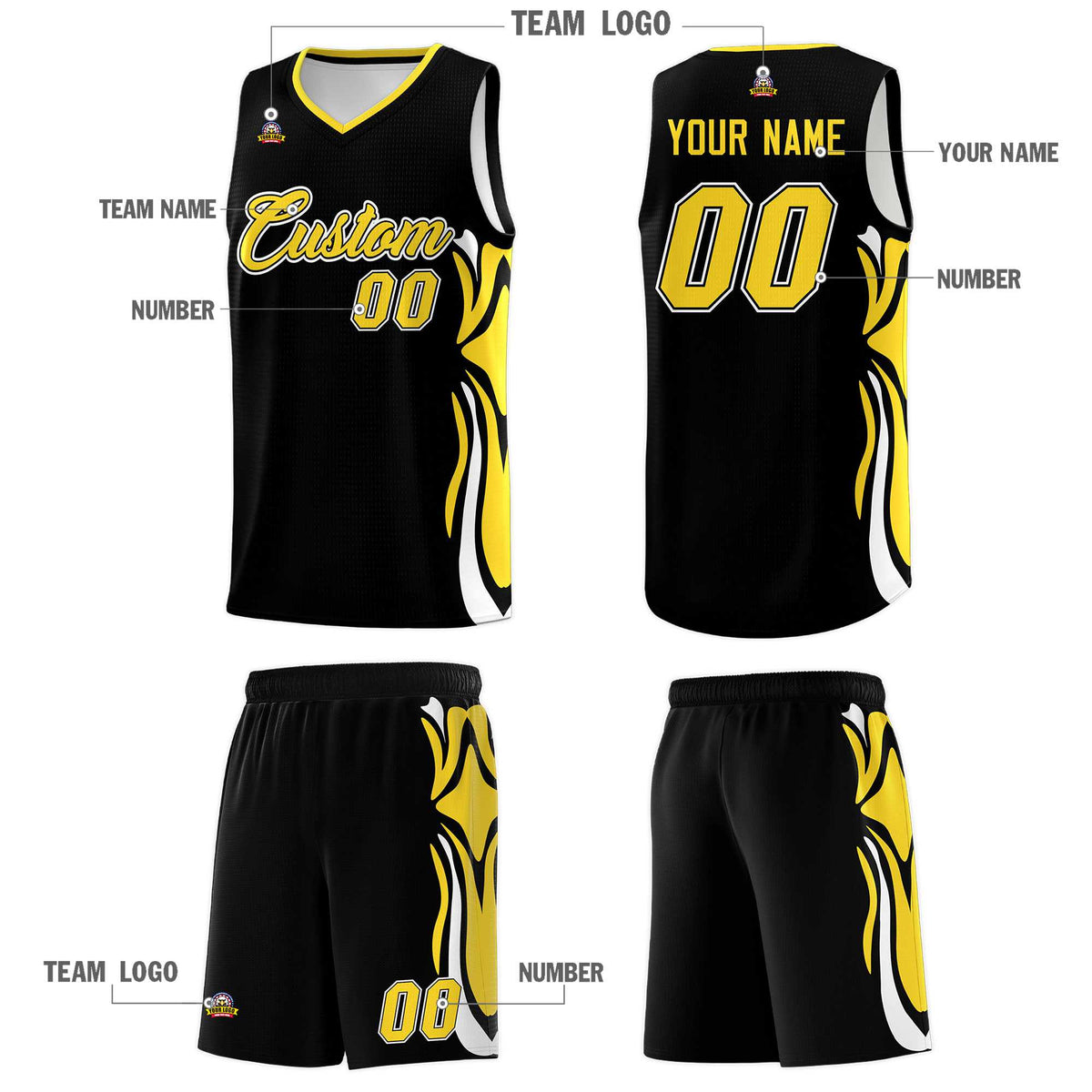 Custom Black Gold-White Graffiti Pattern Side Curve Pattern Sports Uniform Basketball Jersey Sets