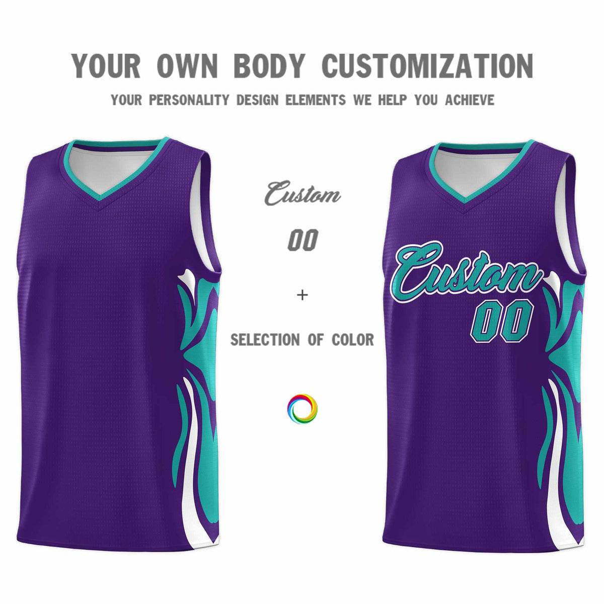 Custom Purple Aqua-White Graffiti Pattern Side Curve Pattern Sports Uniform Basketball Jersey Sets