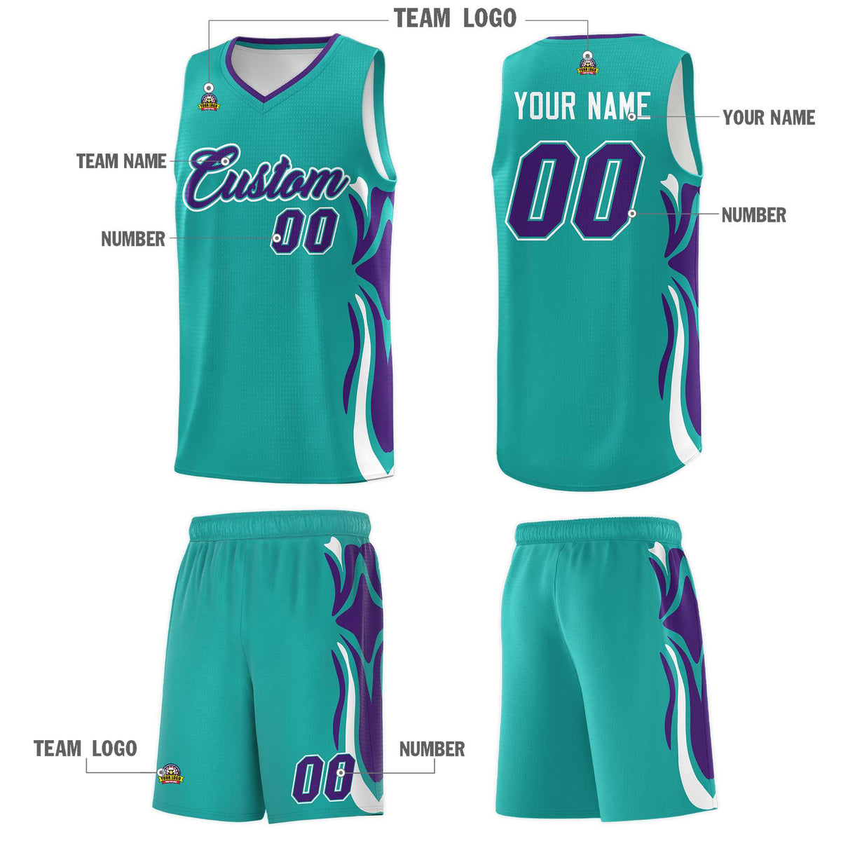 Custom Aqua Purple-White Graffiti Pattern Side Curve Pattern Sports Uniform Basketball Jersey Sets