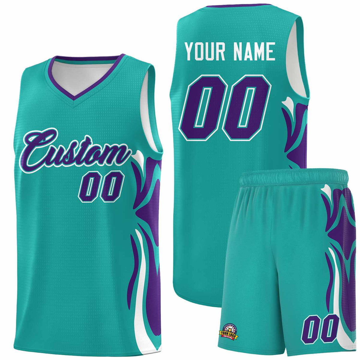 Custom Aqua Purple-White Graffiti Pattern Side Curve Pattern Sports Uniform Basketball Jersey Sets