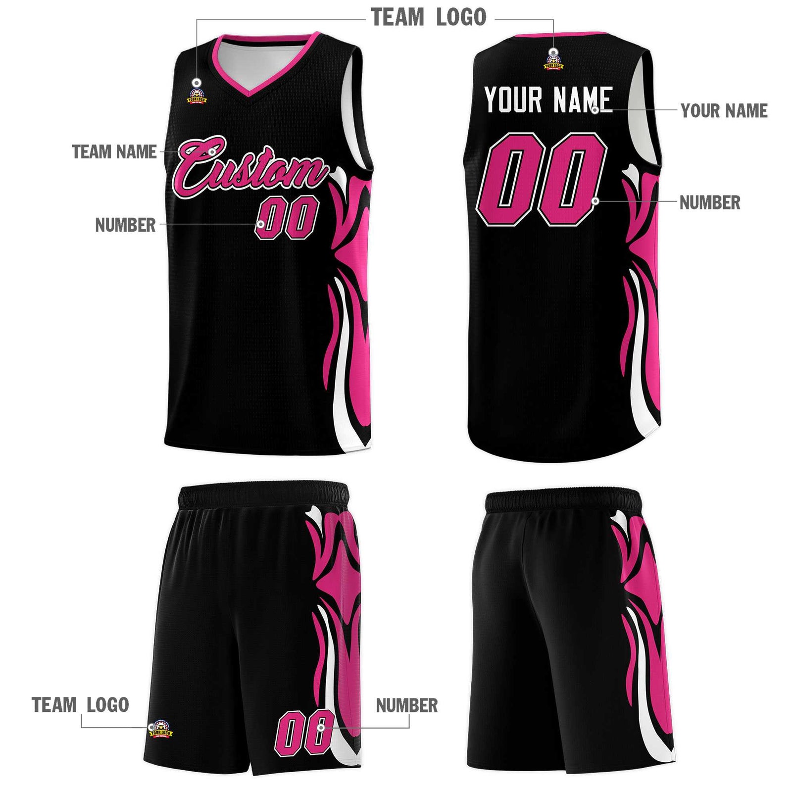 Custom Black Pink-White Graffiti Pattern Side Curve Pattern Sports Uniform Basketball Jersey Sets