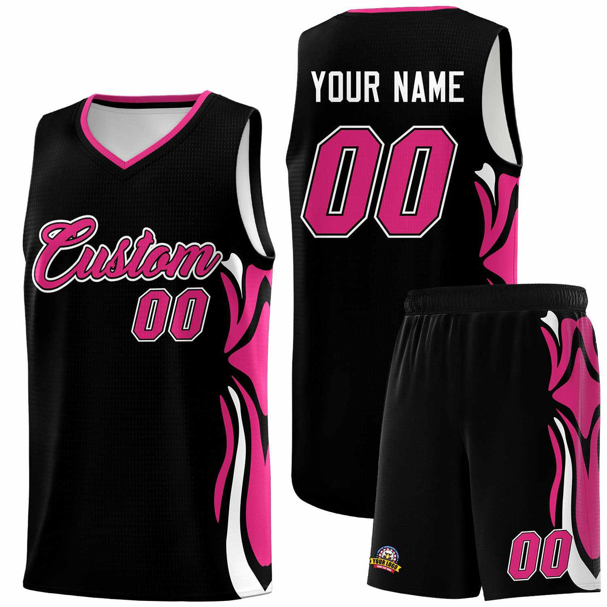 Custom Black Pink-White Graffiti Pattern Side Curve Pattern Sports Uniform Basketball Jersey Sets