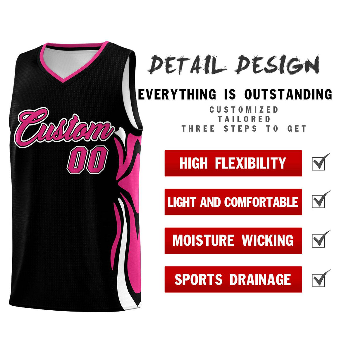 Custom Black Pink-White Graffiti Pattern Side Curve Pattern Sports Uniform Basketball Jersey Sets