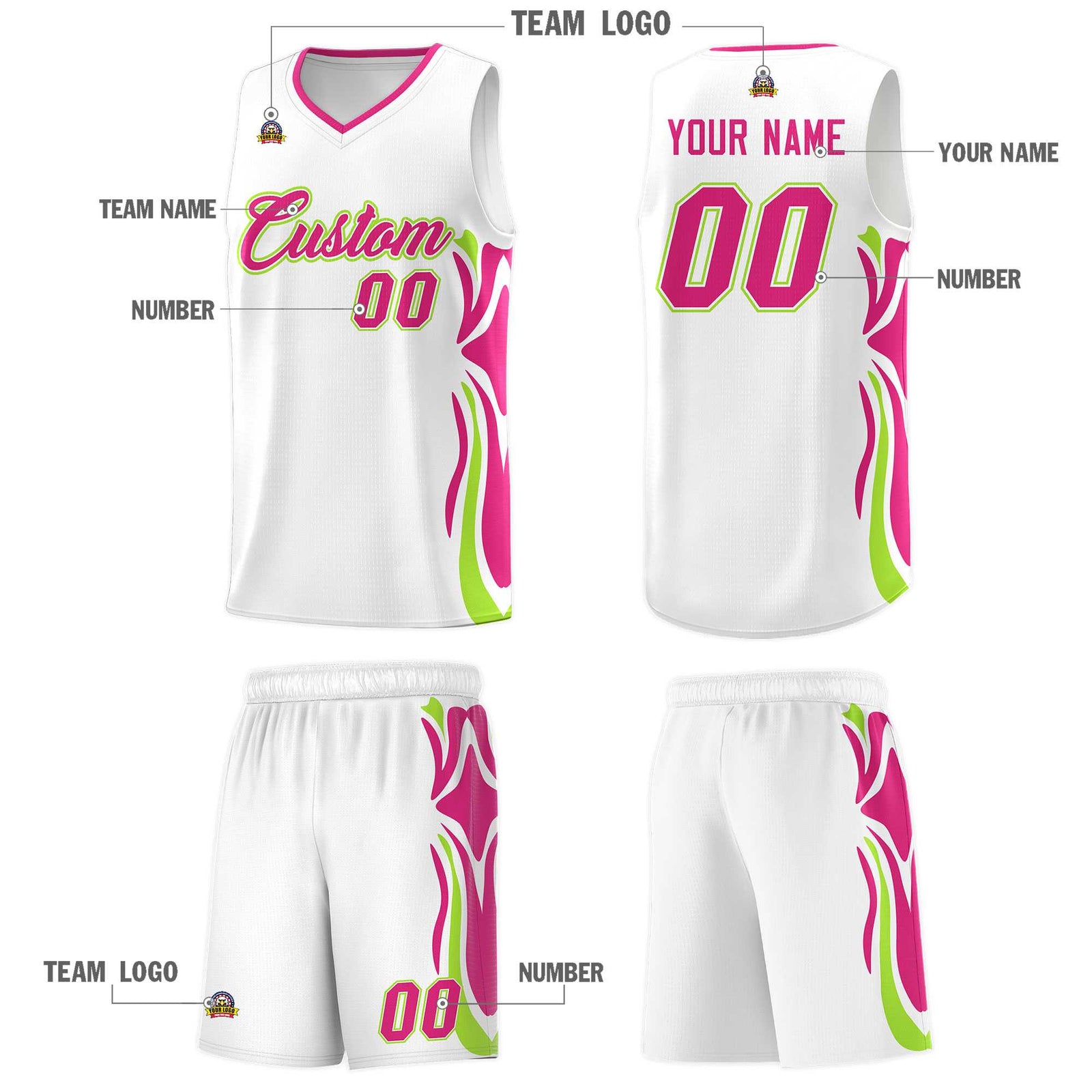 Custom White Pink-Light Green Graffiti Pattern Side Curve Pattern Sports Uniform Basketball Jersey Sets