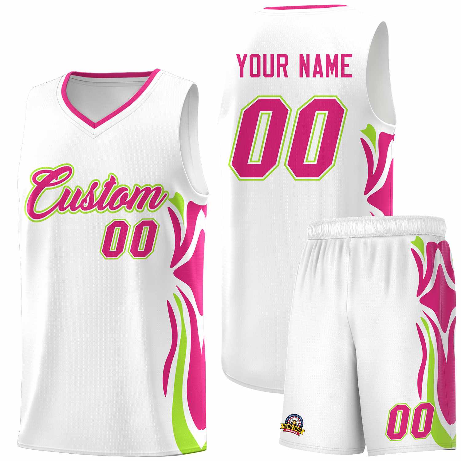 Custom White Pink-Light Green Graffiti Pattern Side Curve Pattern Sports Uniform Basketball Jersey Sets