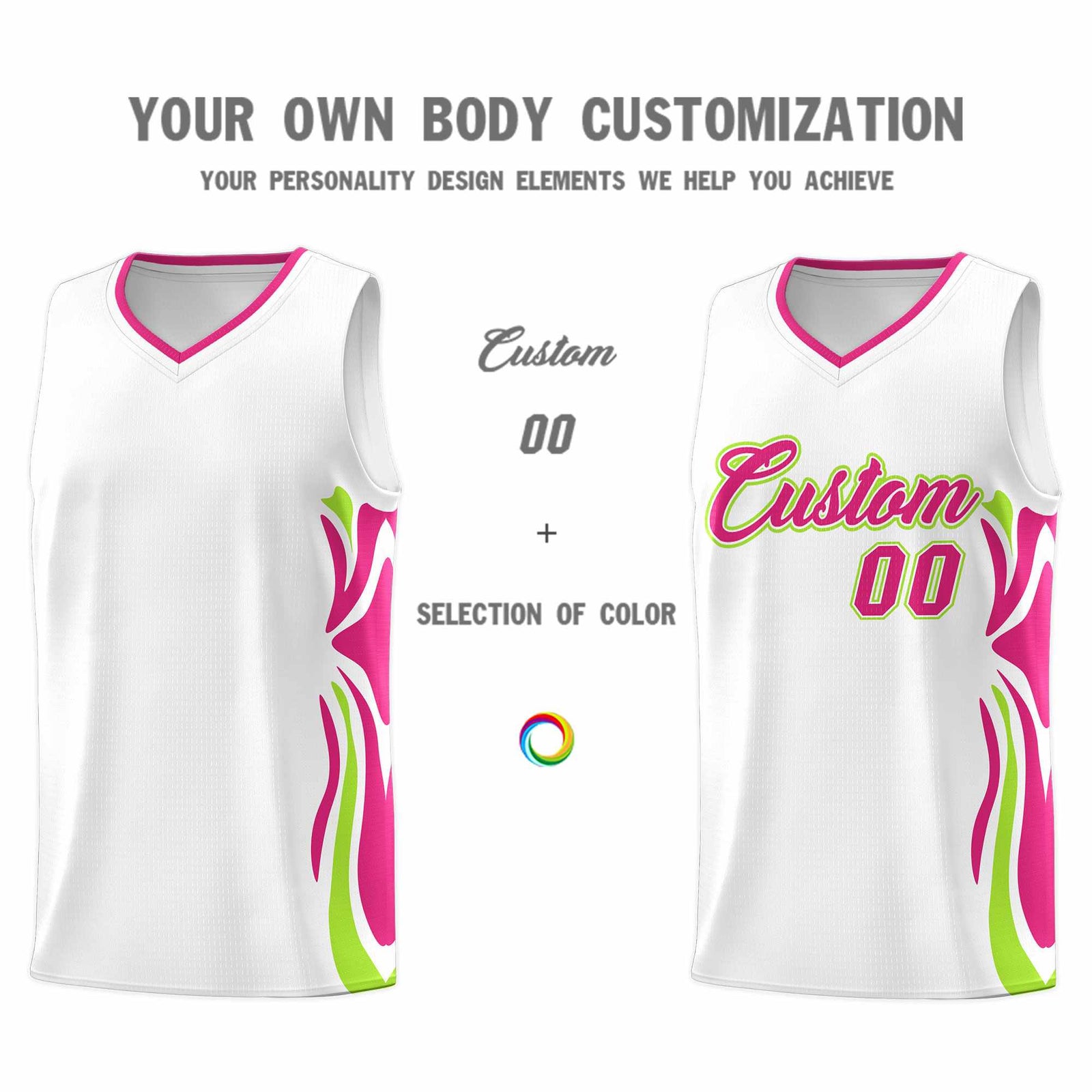 Custom White Pink-Light Green Graffiti Pattern Side Curve Pattern Sports Uniform Basketball Jersey Sets