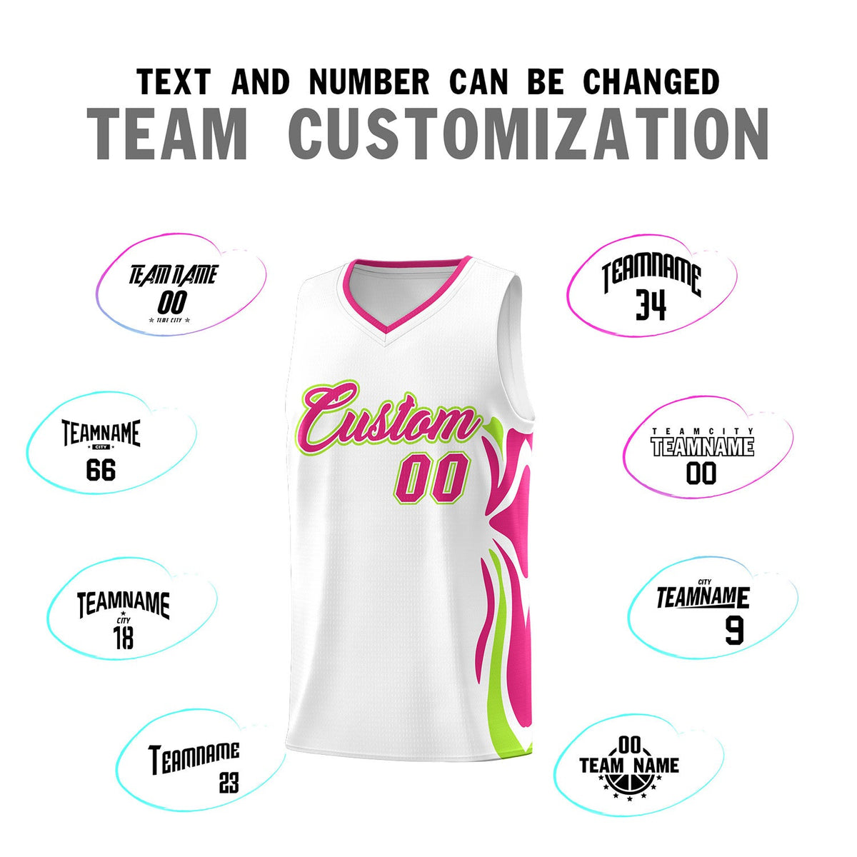Custom White Pink-Light Green Graffiti Pattern Side Curve Pattern Sports Uniform Basketball Jersey Sets
