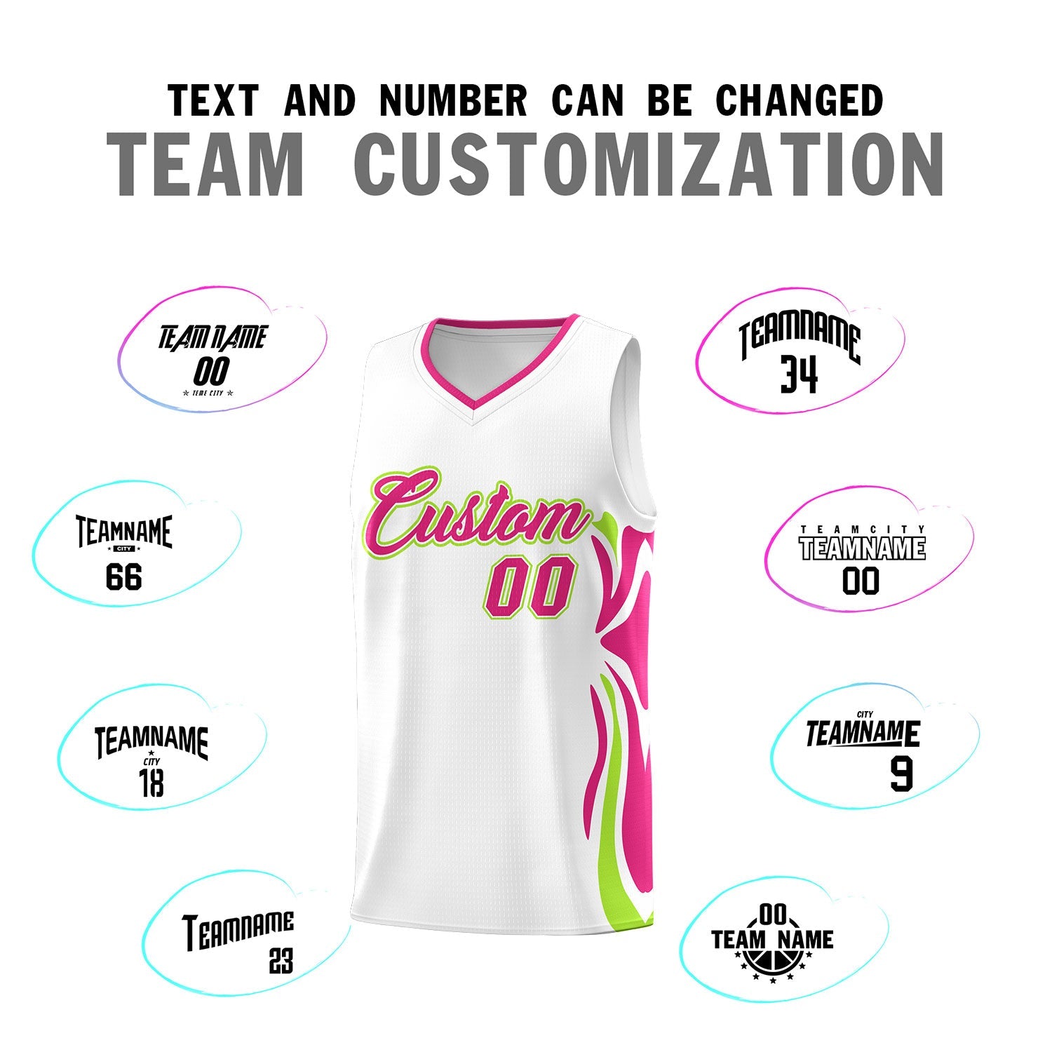 Custom White Pink-Light Green Graffiti Pattern Side Curve Pattern Sports Uniform Basketball Jersey Sets