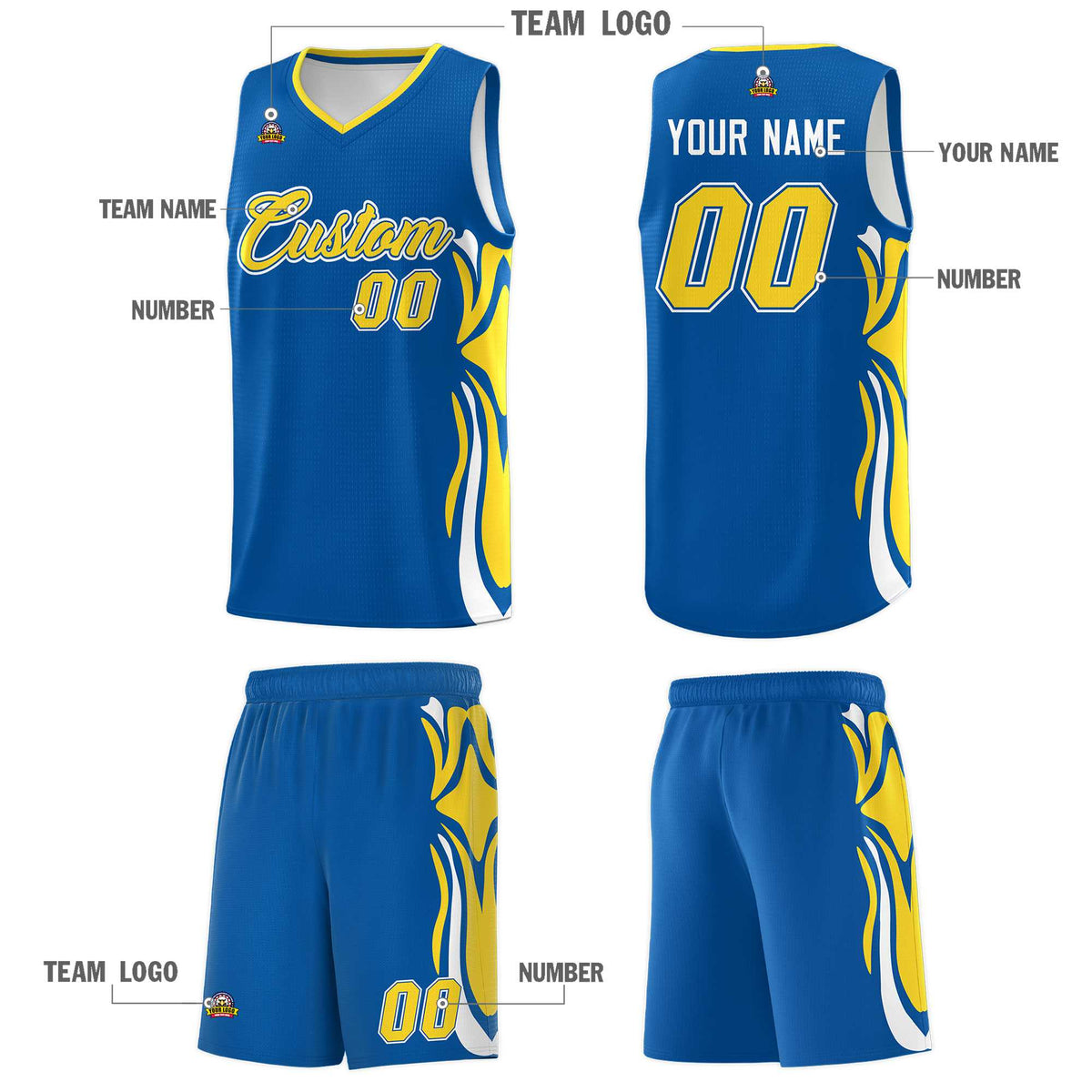 Custom Royal Gold-White Graffiti Pattern Side Curve Pattern Sports Uniform Basketball Jersey Sets