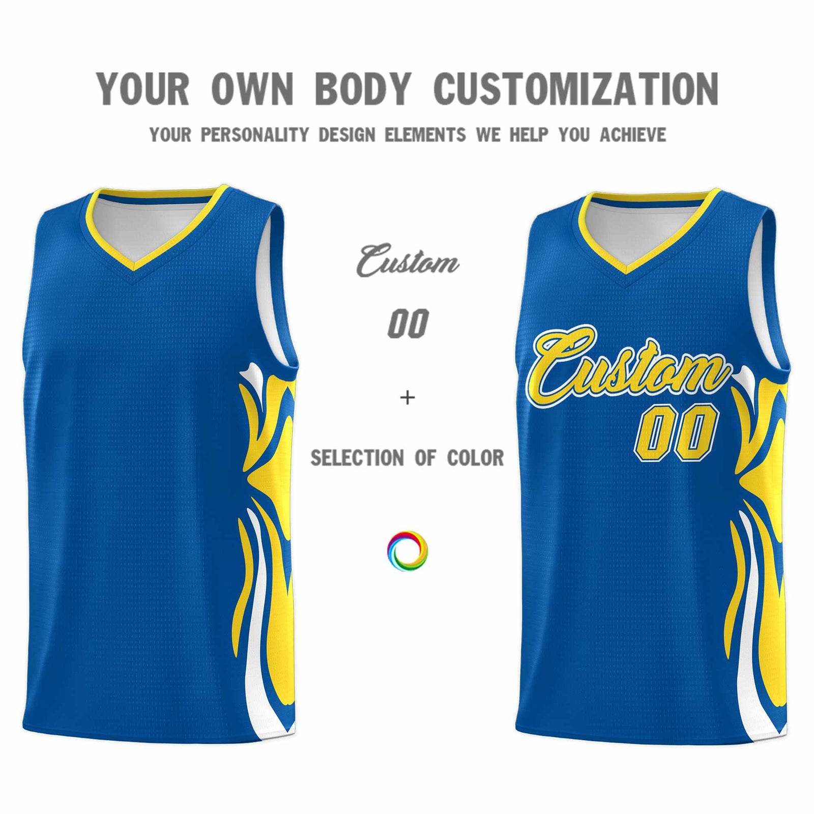 Custom Royal Gold-White Graffiti Pattern Side Curve Pattern Sports Uniform Basketball Jersey Sets