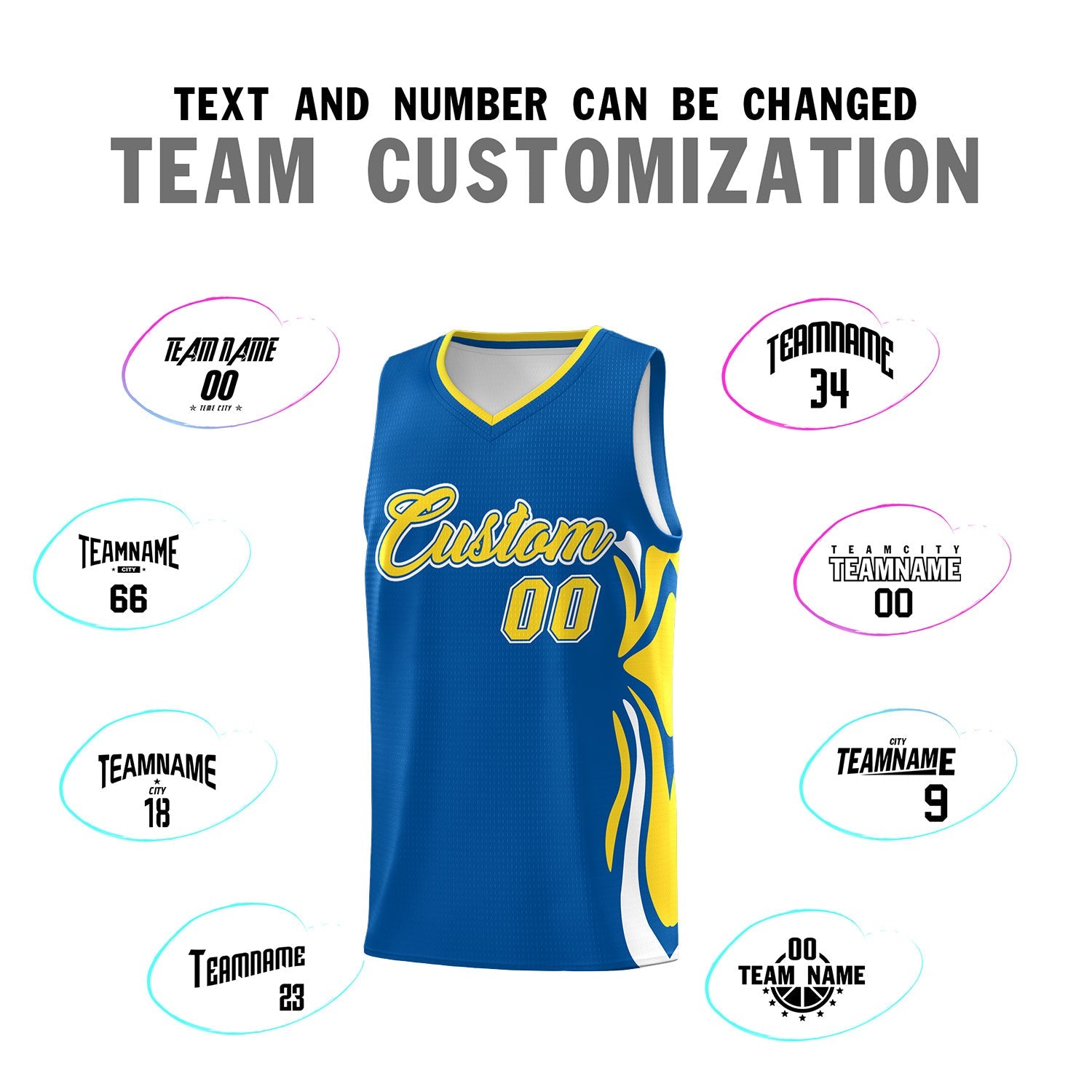 Custom Royal Gold-White Graffiti Pattern Side Curve Pattern Sports Uniform Basketball Jersey Sets