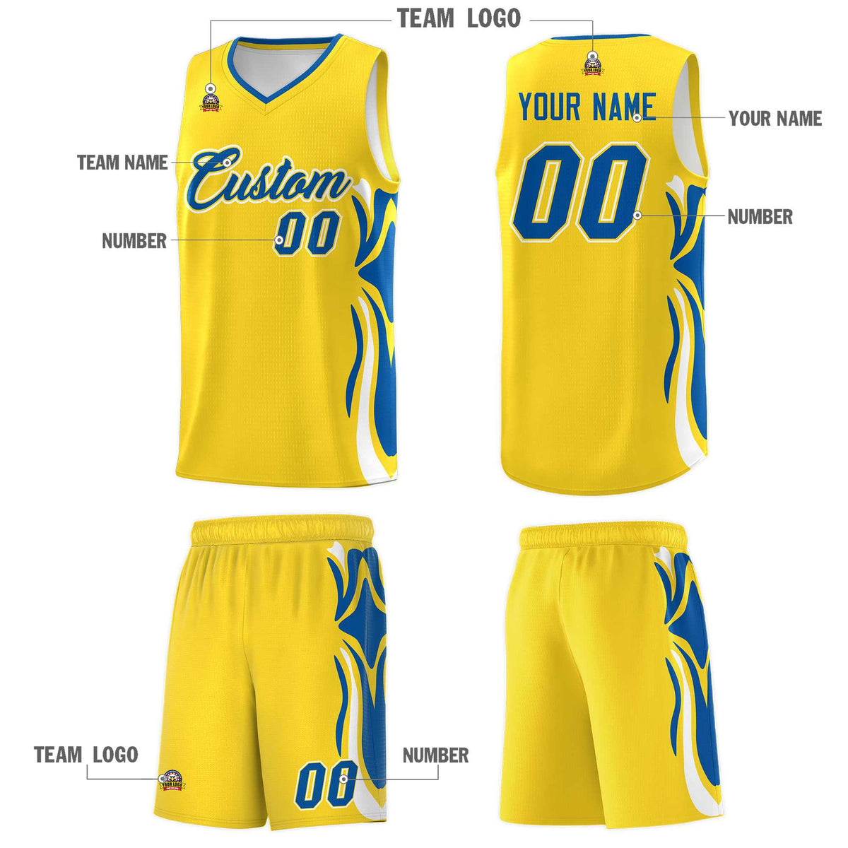 Custom Gold Royal-White Graffiti Pattern Side Curve Pattern Sports Uniform Basketball Jersey Sets