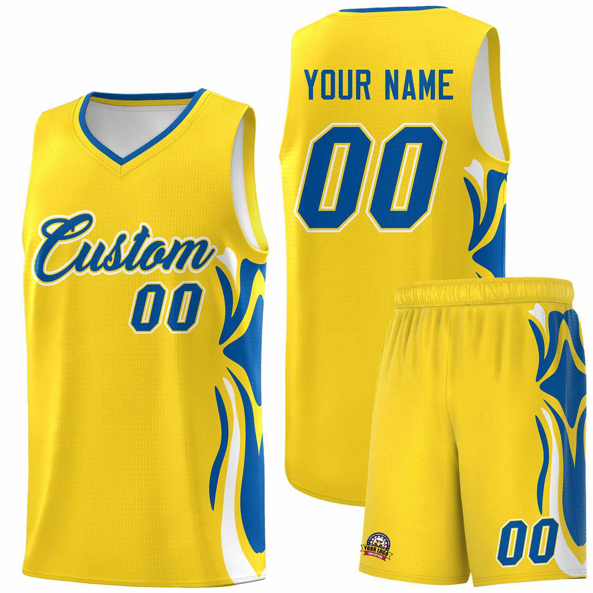 Custom Gold Royal-White Graffiti Pattern Side Curve Pattern Sports Uniform Basketball Jersey Sets