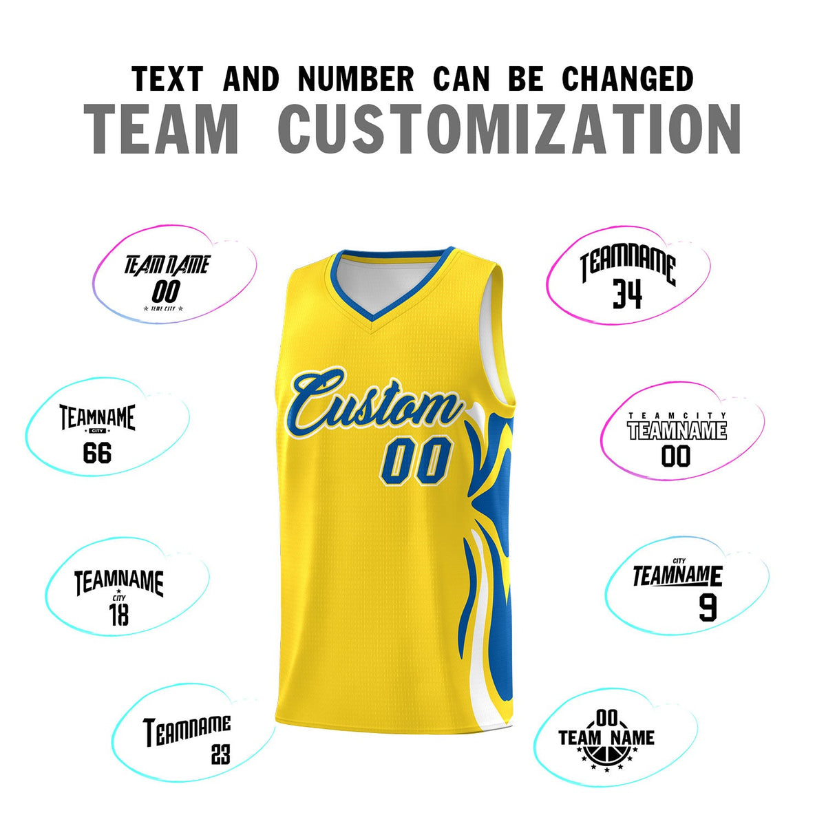 Custom Gold Royal-White Graffiti Pattern Side Curve Pattern Sports Uniform Basketball Jersey Sets