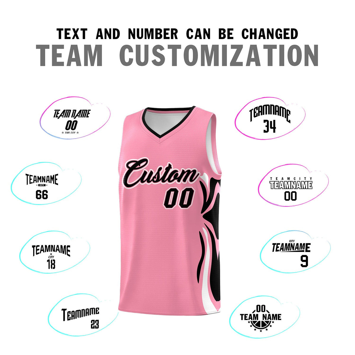 Custom Light Pink Black-White Graffiti Pattern Side Curve Pattern Sports Uniform Basketball Jersey Sets