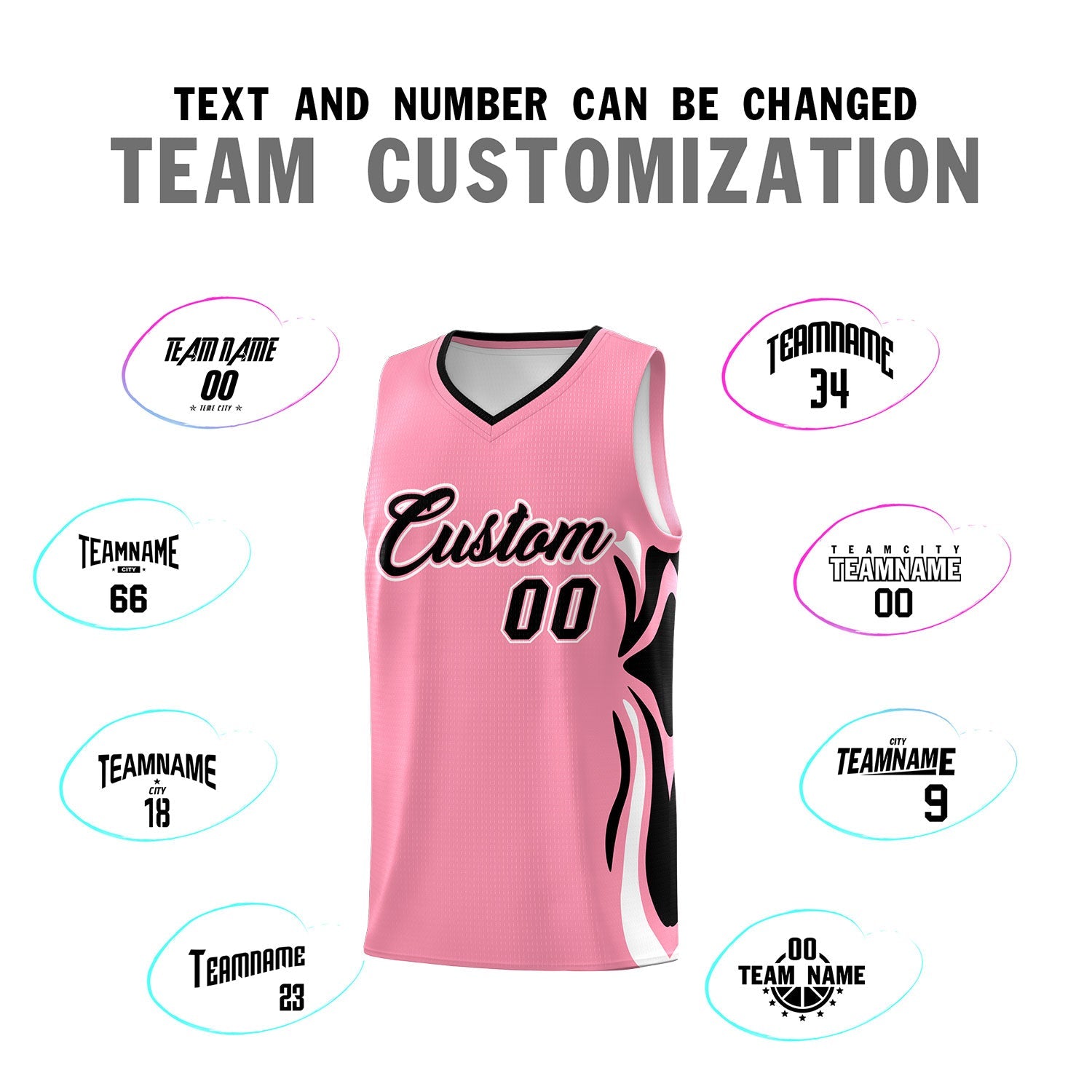 Custom Light Pink Black-White Graffiti Pattern Side Curve Pattern Sports Uniform Basketball Jersey Sets