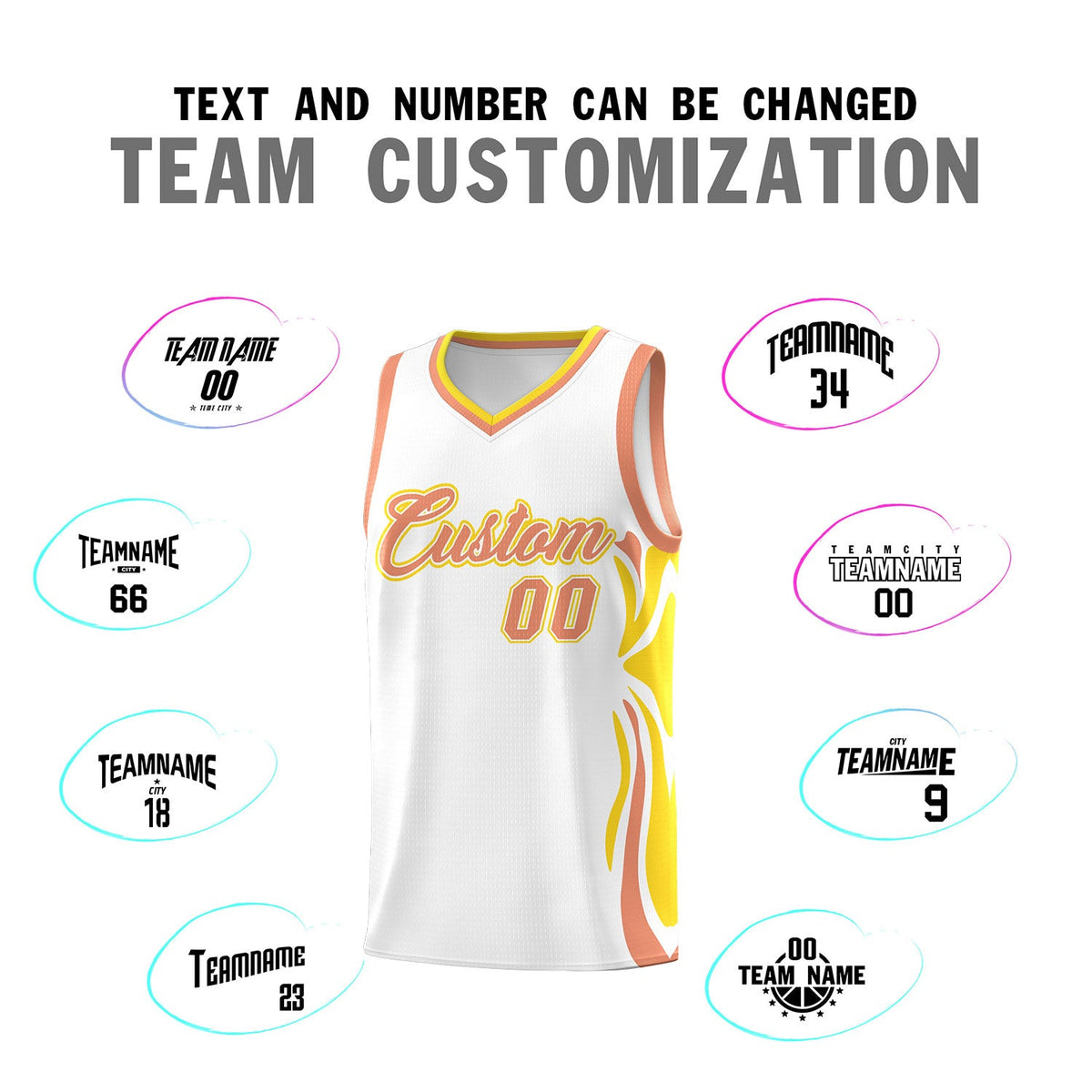 Custom White Light Orange-Gold Graffiti Pattern Side Curve Pattern Sports Uniform Basketball Jersey Sets