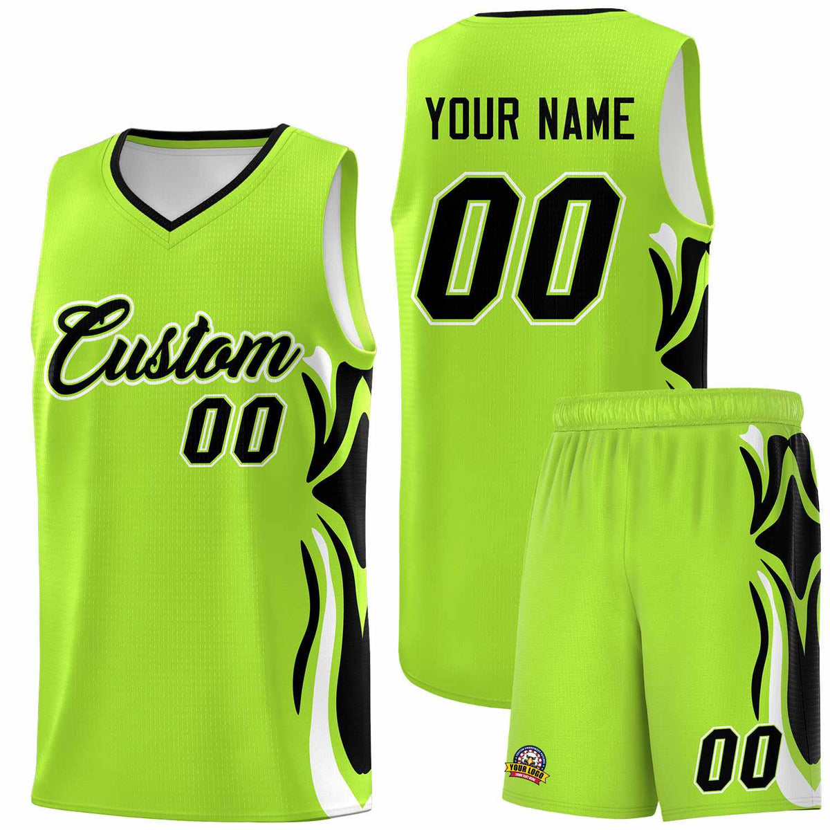 Custom Light Green Black-White Graffiti Pattern Side Curve Pattern Sports Uniform Basketball Jersey Sets