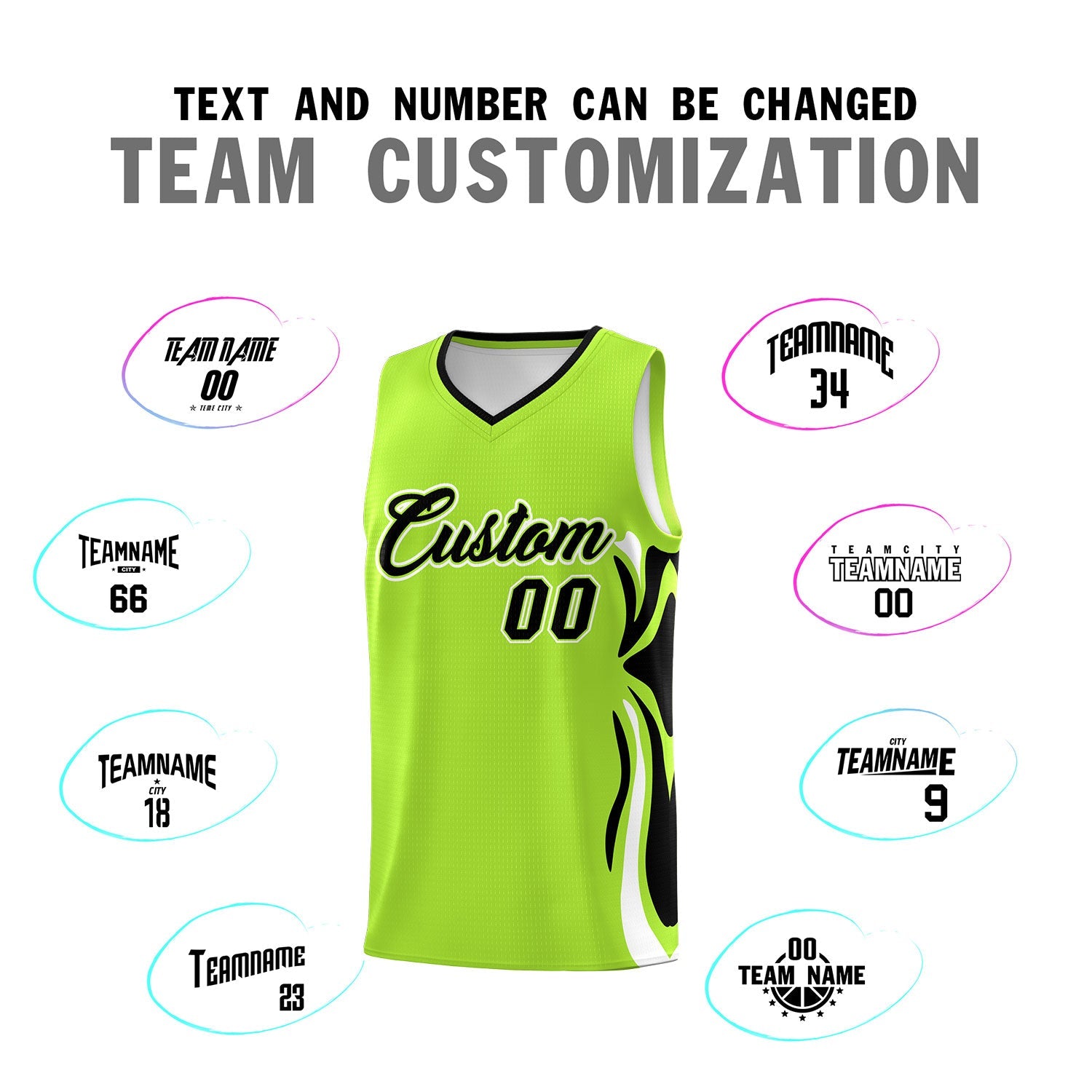 Custom Light Green Black-White Graffiti Pattern Side Curve Pattern Sports Uniform Basketball Jersey Sets