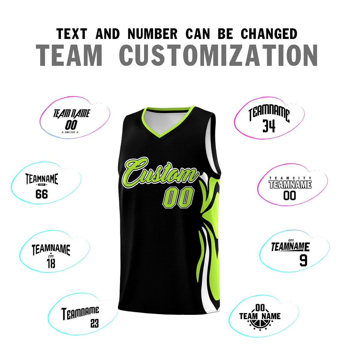 Custom Black Light Green-White Graffiti Pattern Side Curve Pattern Sports Uniform Basketball Jersey Sets