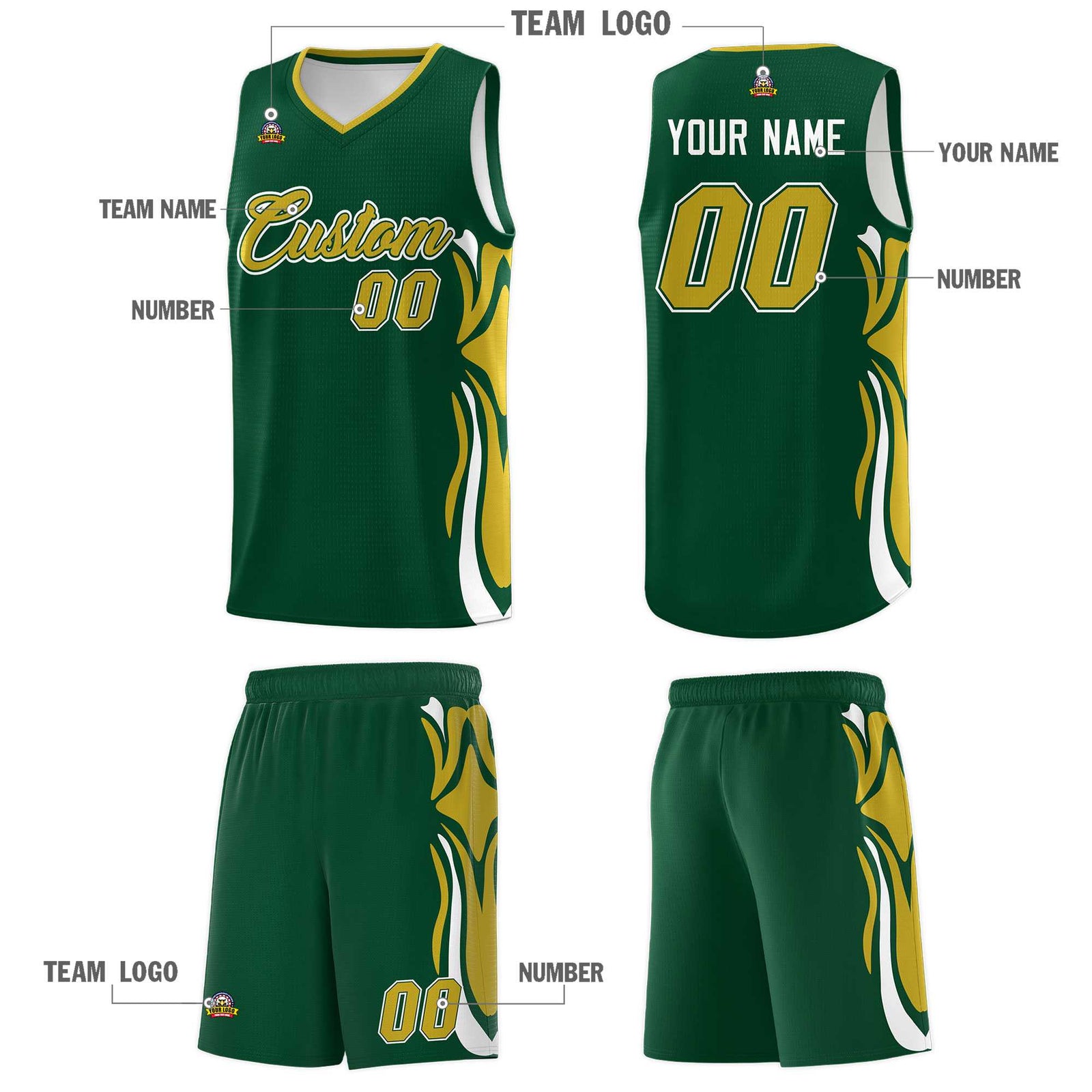 Custom Green Old Gold-White Graffiti Pattern Side Curve Pattern Sports Uniform Basketball Jersey Sets