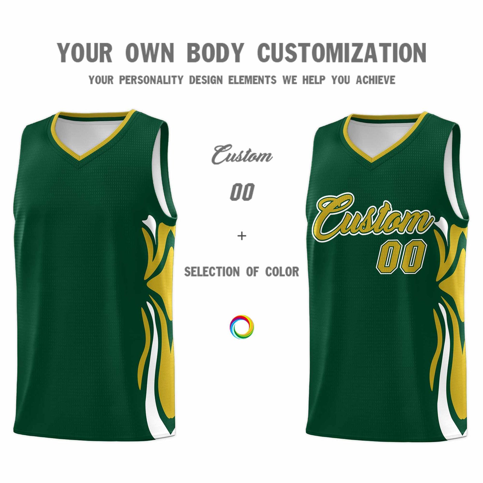 Custom Green Old Gold-White Graffiti Pattern Side Curve Pattern Sports Uniform Basketball Jersey Sets