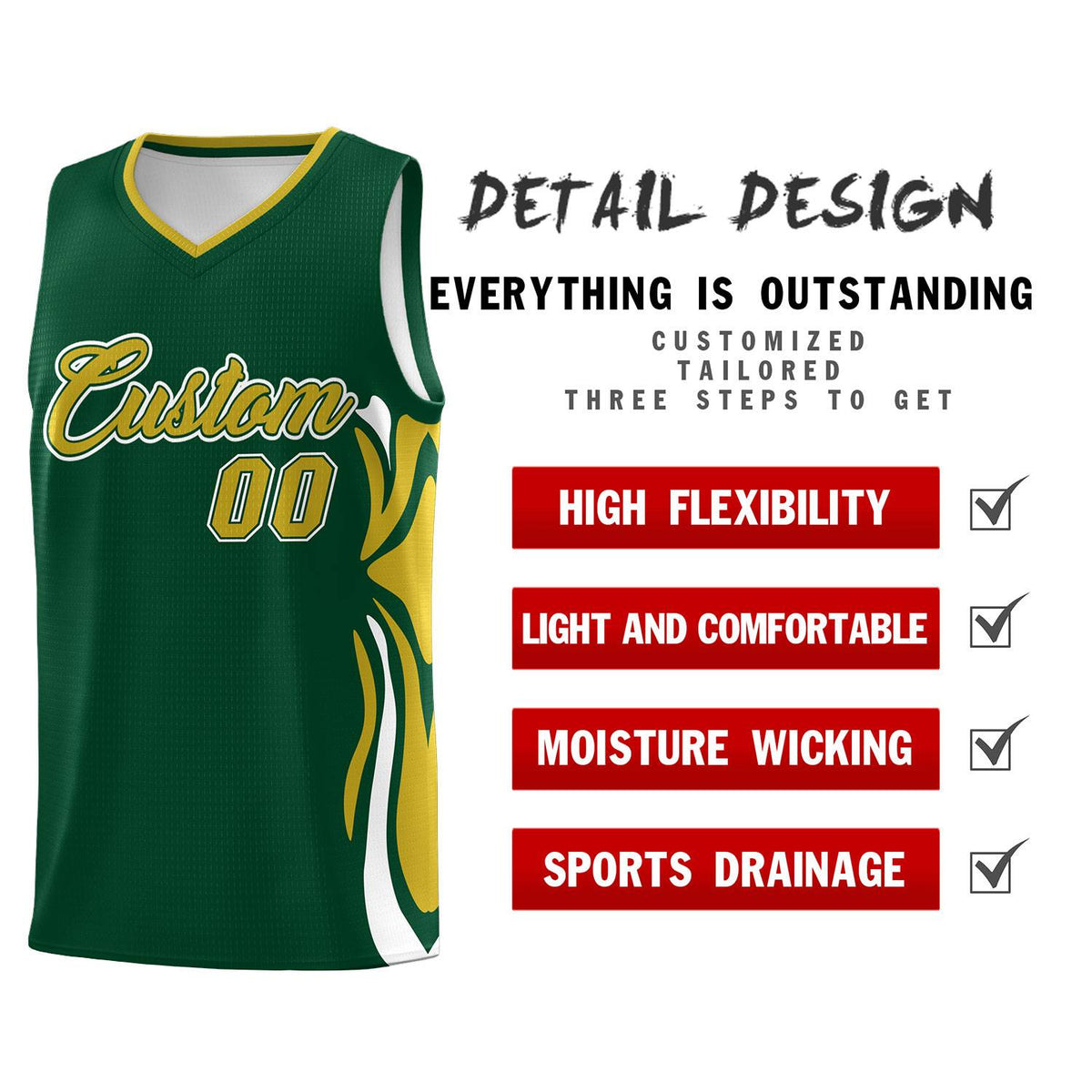 Custom Green Old Gold-White Graffiti Pattern Side Curve Pattern Sports Uniform Basketball Jersey Sets