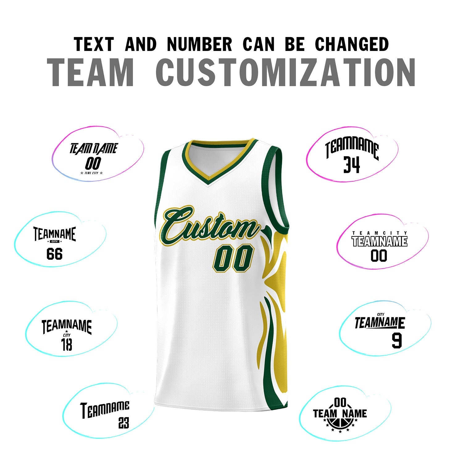 Custom White Green-Old Gold Graffiti Pattern Side Curve Pattern Sports Uniform Basketball Jersey Sets