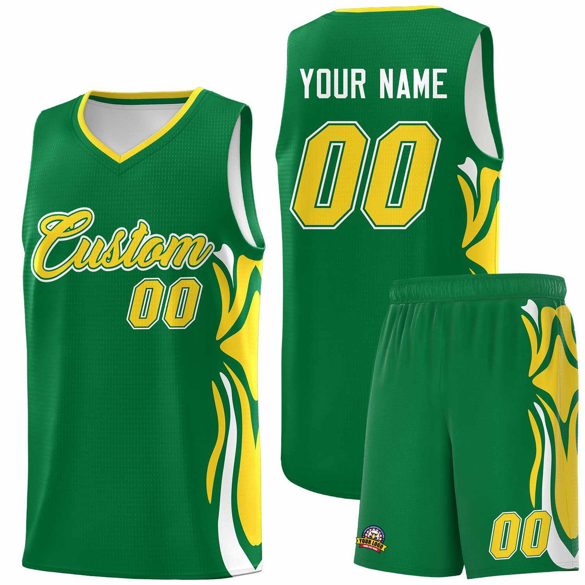 Custom Kelly Green Gold-White Graffiti Pattern Side Curve Pattern Sports Uniform Basketball Jersey Sets
