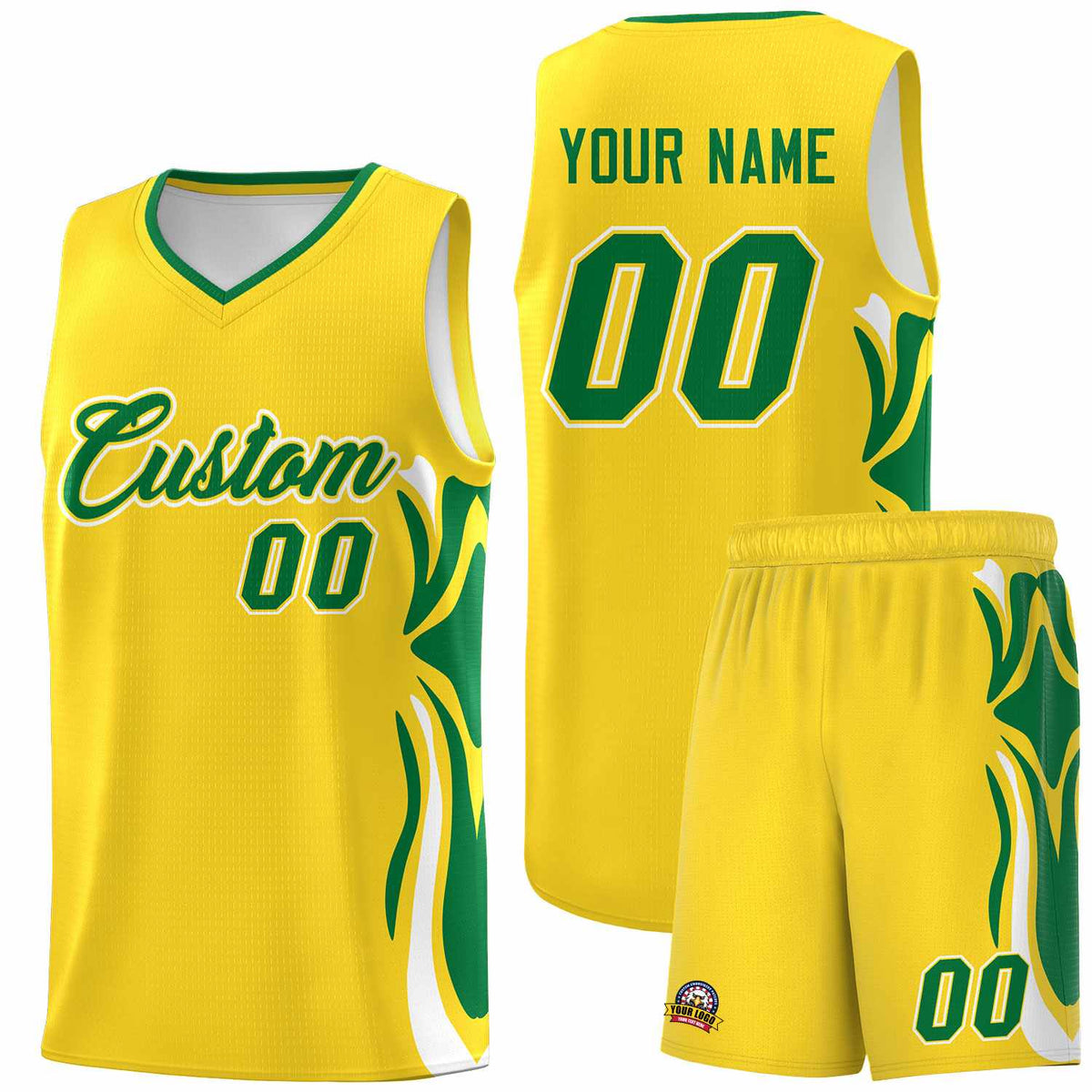 Custom Gold Kelly Green-White Graffiti Pattern Side Curve Pattern Sports Uniform Basketball Jersey Sets