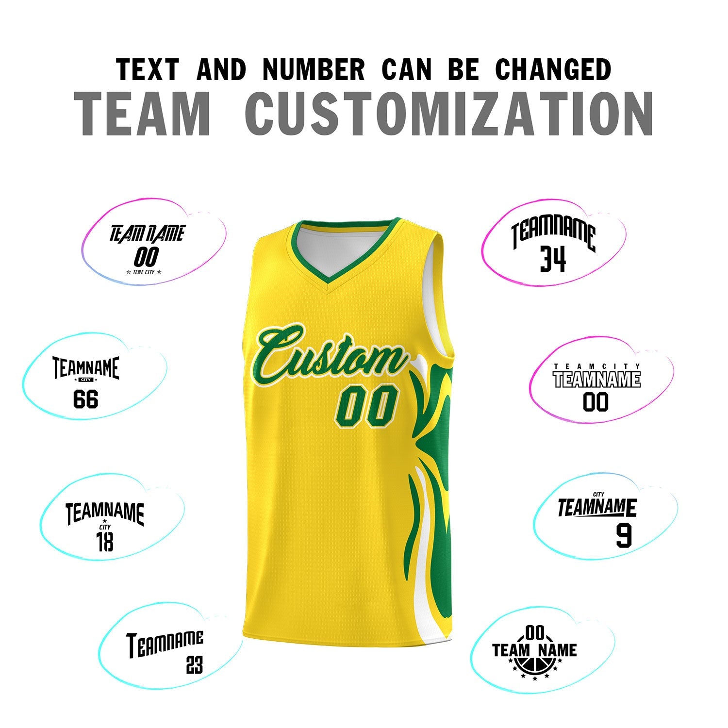 Custom Gold Kelly Green-White Graffiti Pattern Side Curve Pattern Sports Uniform Basketball Jersey Sets