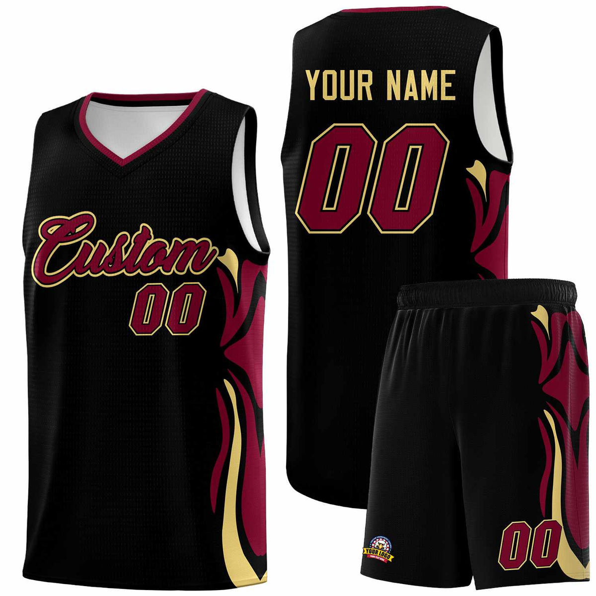 Custom Black Crimson-Khaki Graffiti Pattern Side Curve Pattern Sports Uniform Basketball Jersey Sets