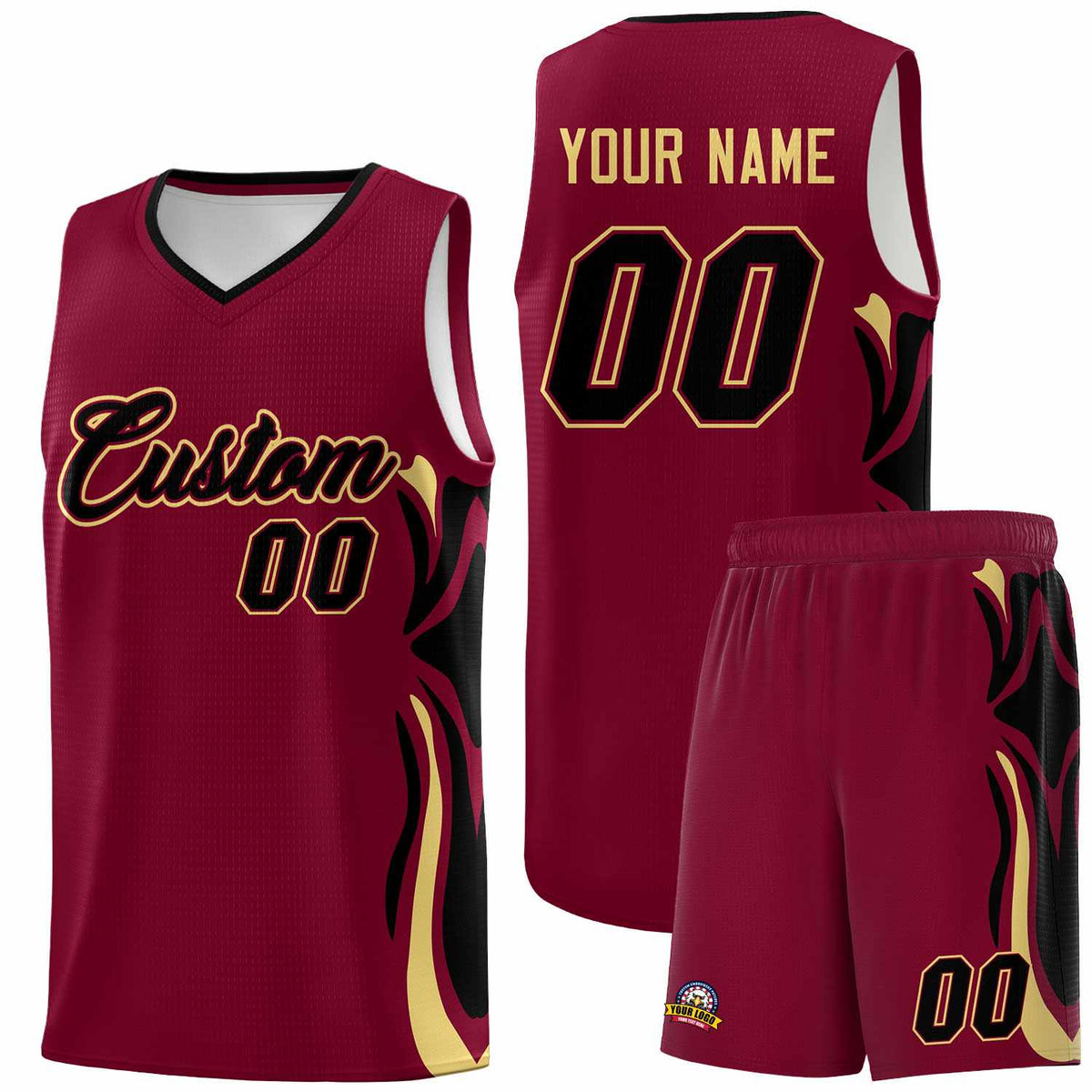 Custom Crimson Black-Khaki Graffiti Pattern Side Curve Pattern Sports Uniform Basketball Jersey Sets