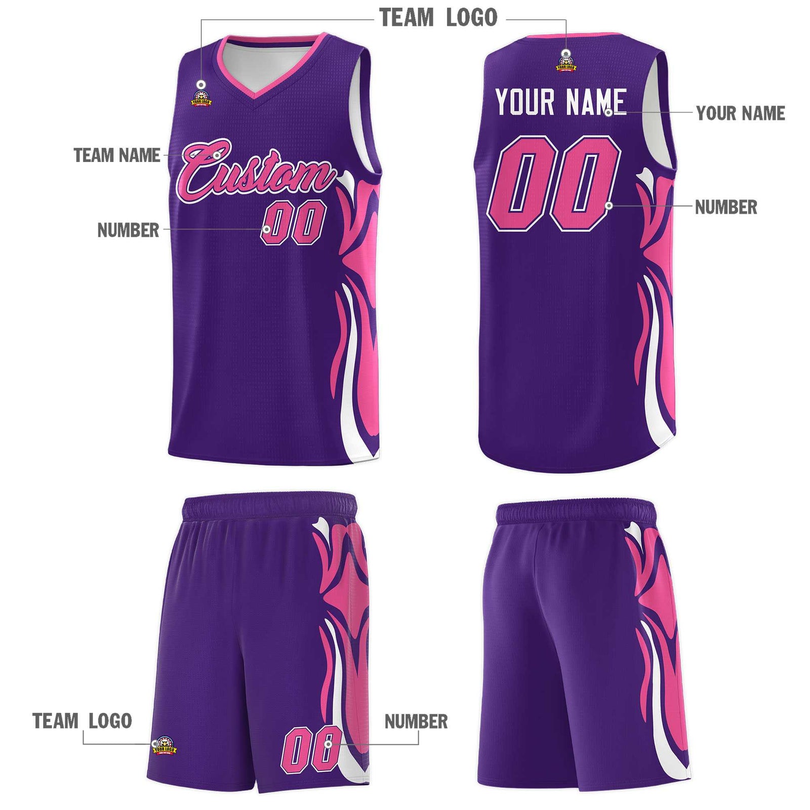 Custom Purple Pink-White Graffiti Pattern Side Curve Pattern Sports Uniform Basketball Jersey Sets