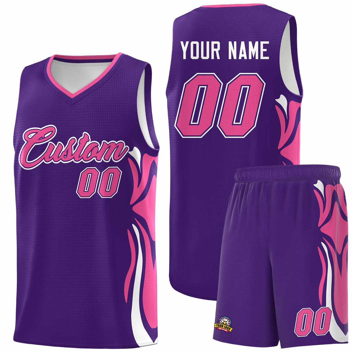 Custom Purple Pink-White Graffiti Pattern Side Curve Pattern Sports Uniform Basketball Jersey Sets