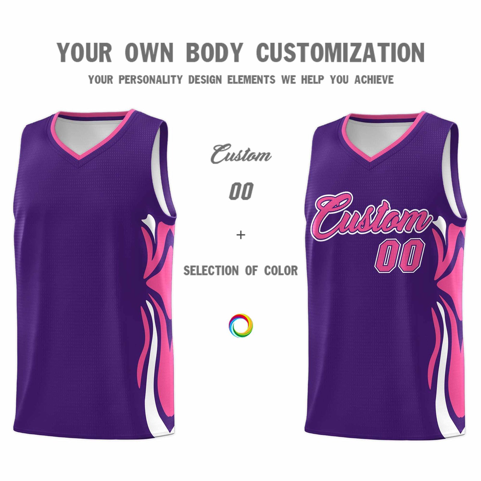 Custom Purple Pink-White Graffiti Pattern Side Curve Pattern Sports Uniform Basketball Jersey Sets