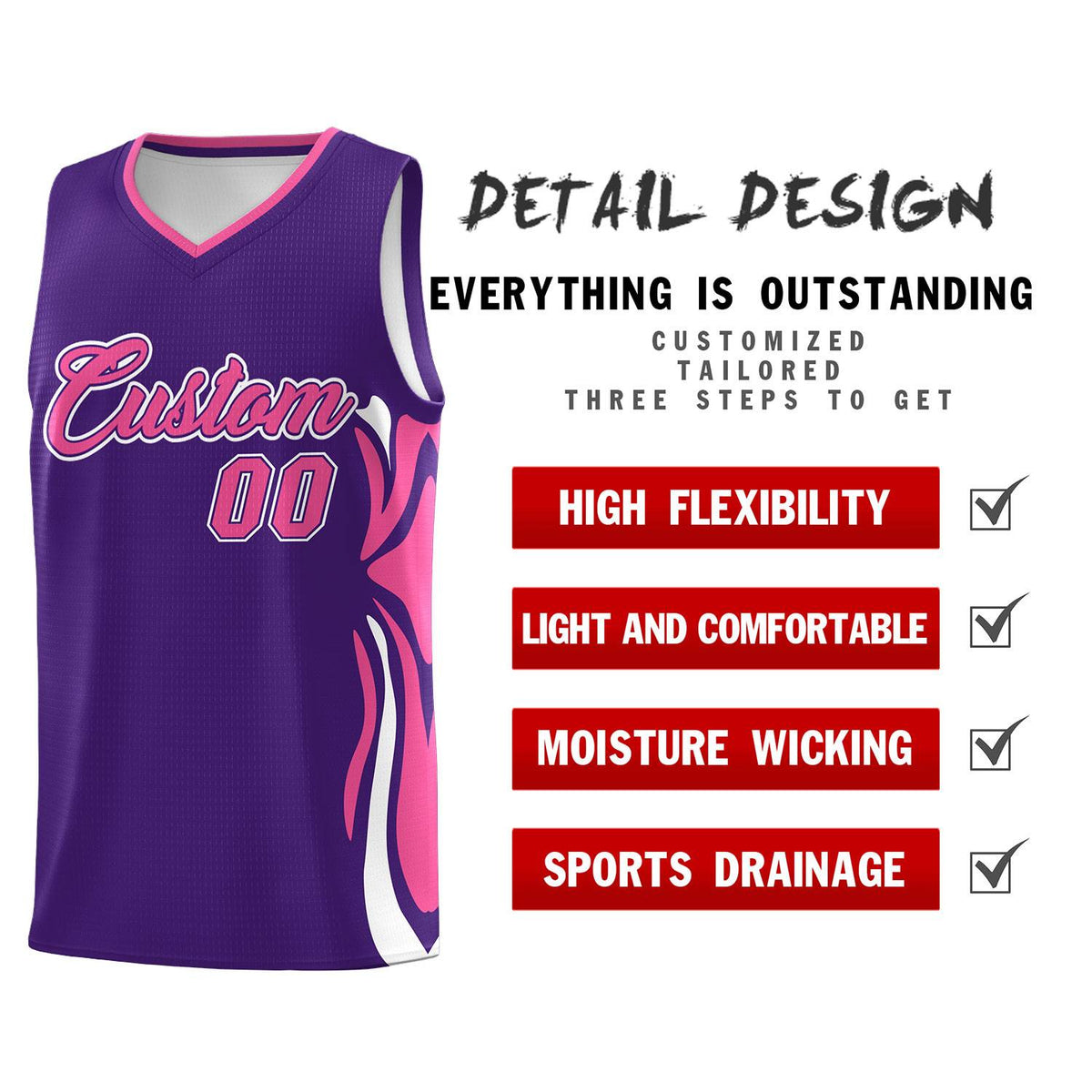 Custom Purple Pink-White Graffiti Pattern Side Curve Pattern Sports Uniform Basketball Jersey Sets