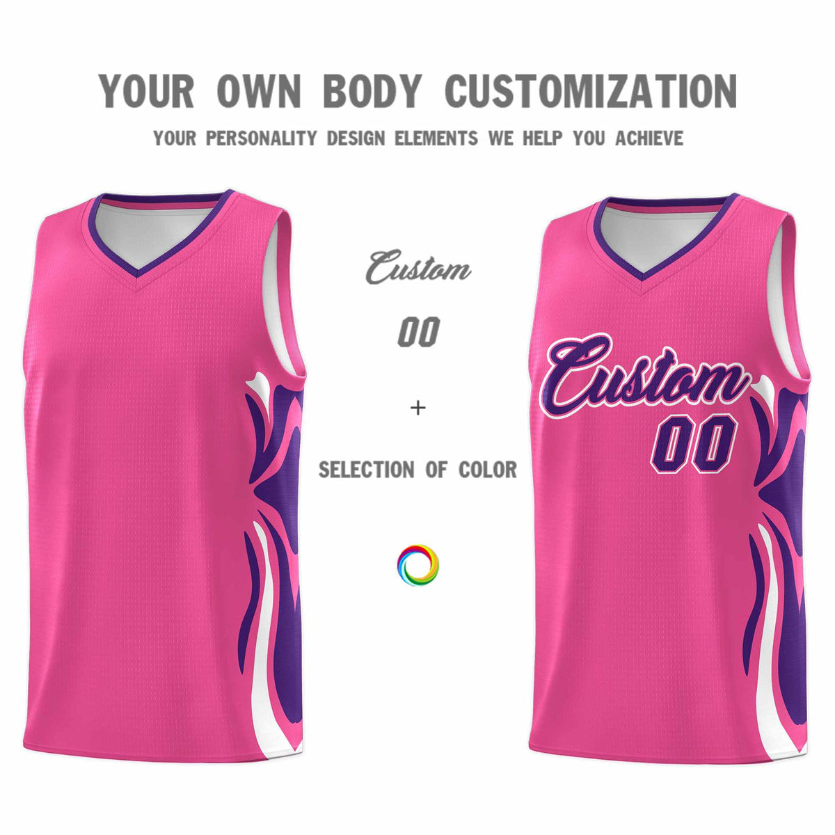 Custom Pink Purple-White Graffiti Pattern Side Curve Pattern Sports Uniform Basketball Jersey Sets